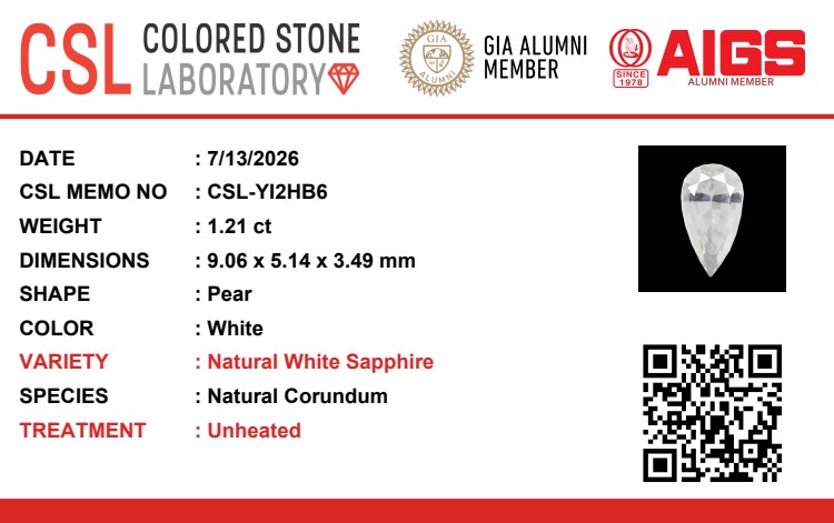 1.21 Ct. White Sapphire from Ceylon (Sri Lanka)