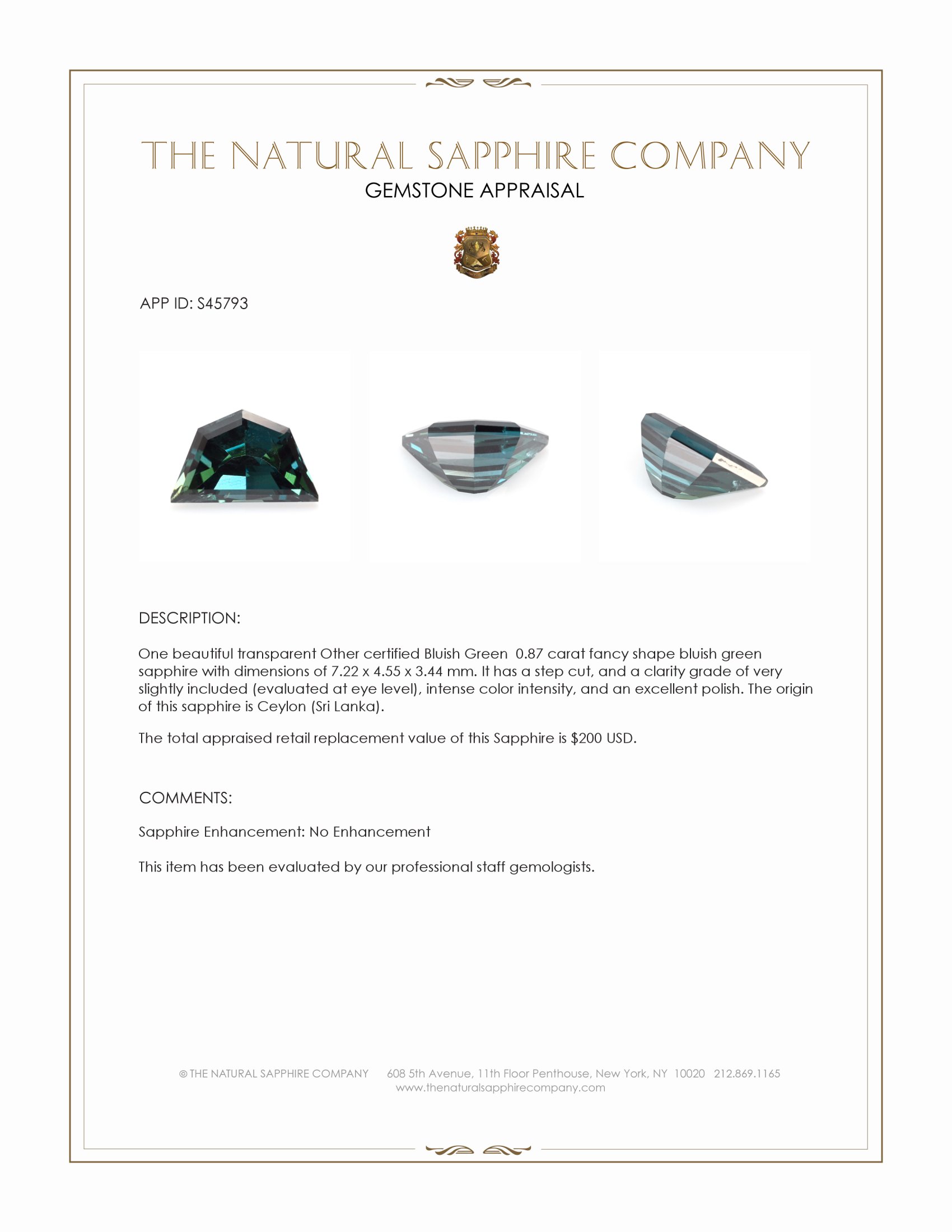 0.87 Ct. Bluish Green Sapphire from Ceylon (Sri Lanka)