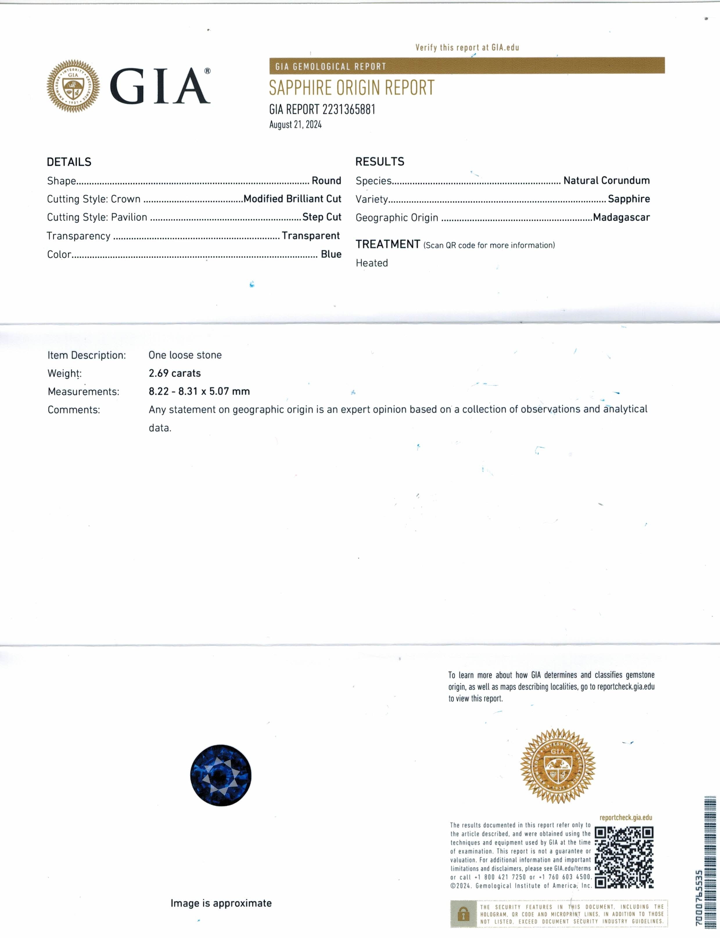 2.69 Ct. Blue Sapphire from Madagascar