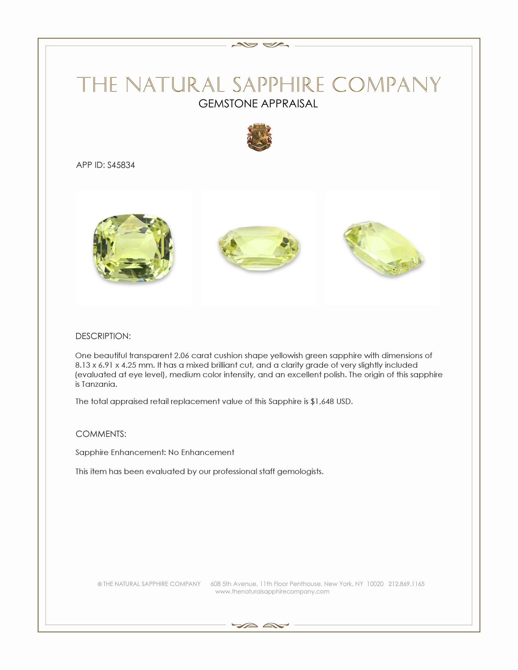2.06 Ct. Yellowish Green Sapphire from Tanzania