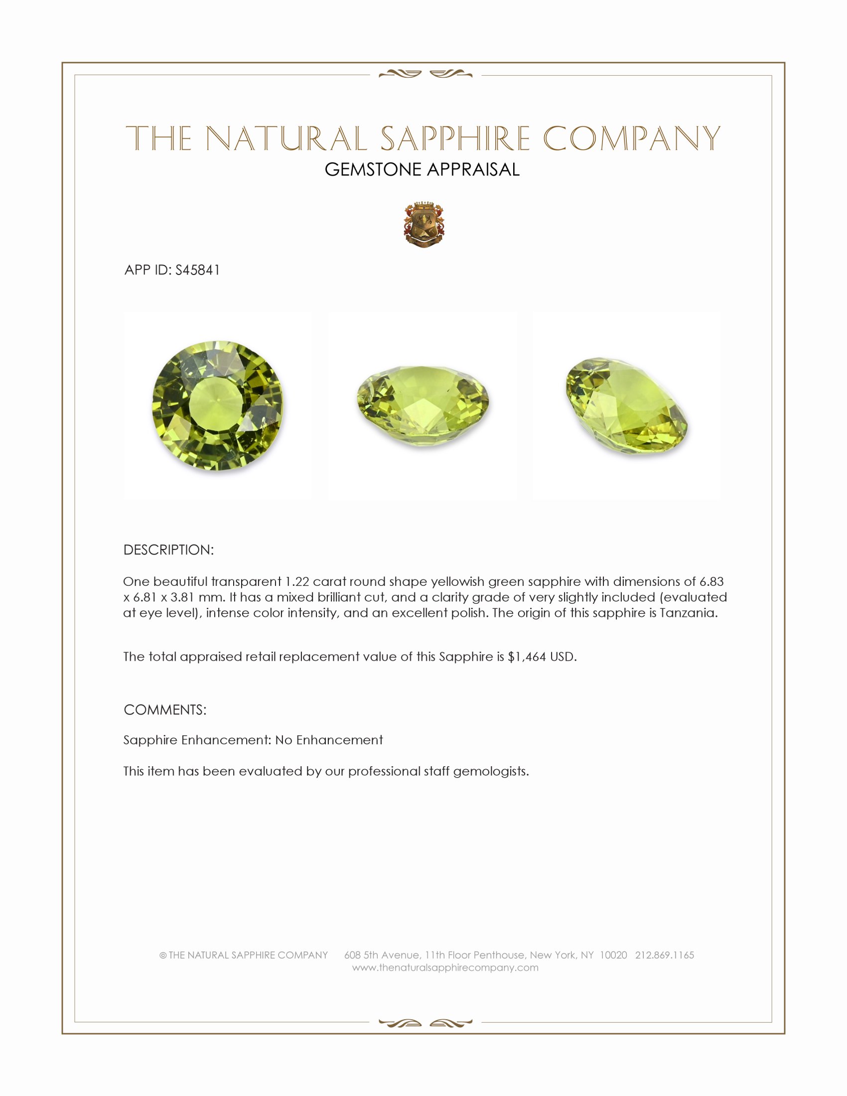 1.22 Ct. Yellowish Green Sapphire from Tanzania