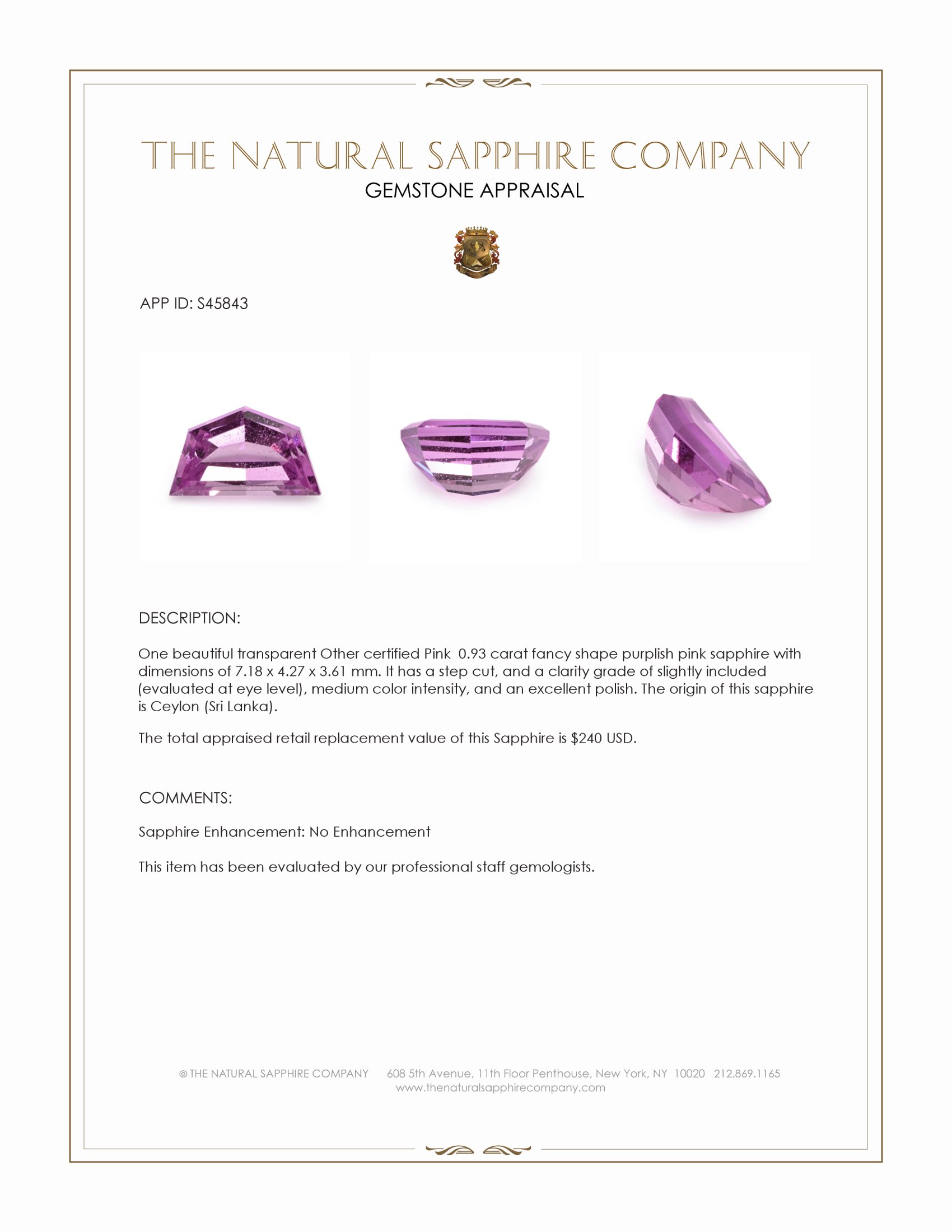 0.93 Ct. Purplish Pink Sapphire from Ceylon (Sri Lanka)