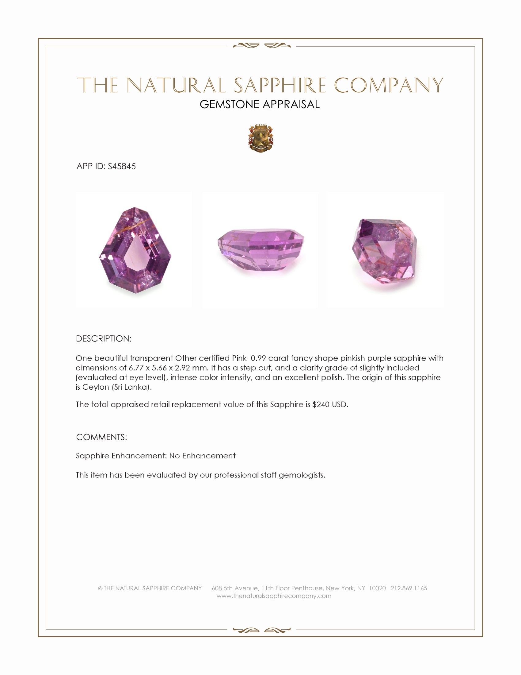 0.99 Ct. Pinkish Purple Sapphire from Ceylon (Sri Lanka)