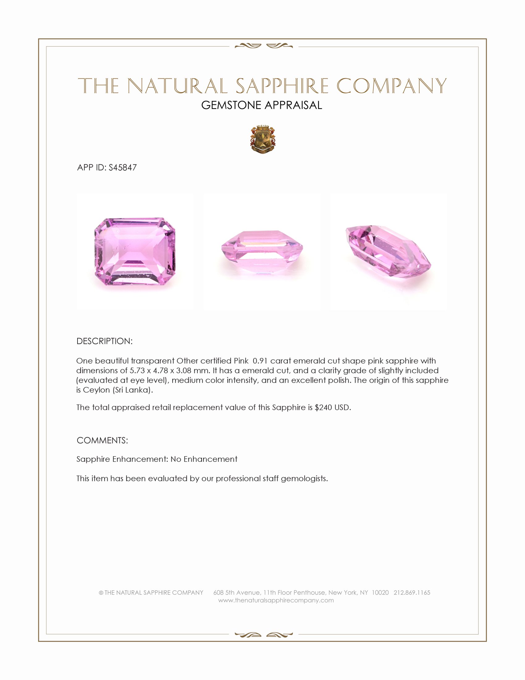 0.91 Ct. Pink Sapphire from Ceylon (Sri Lanka)