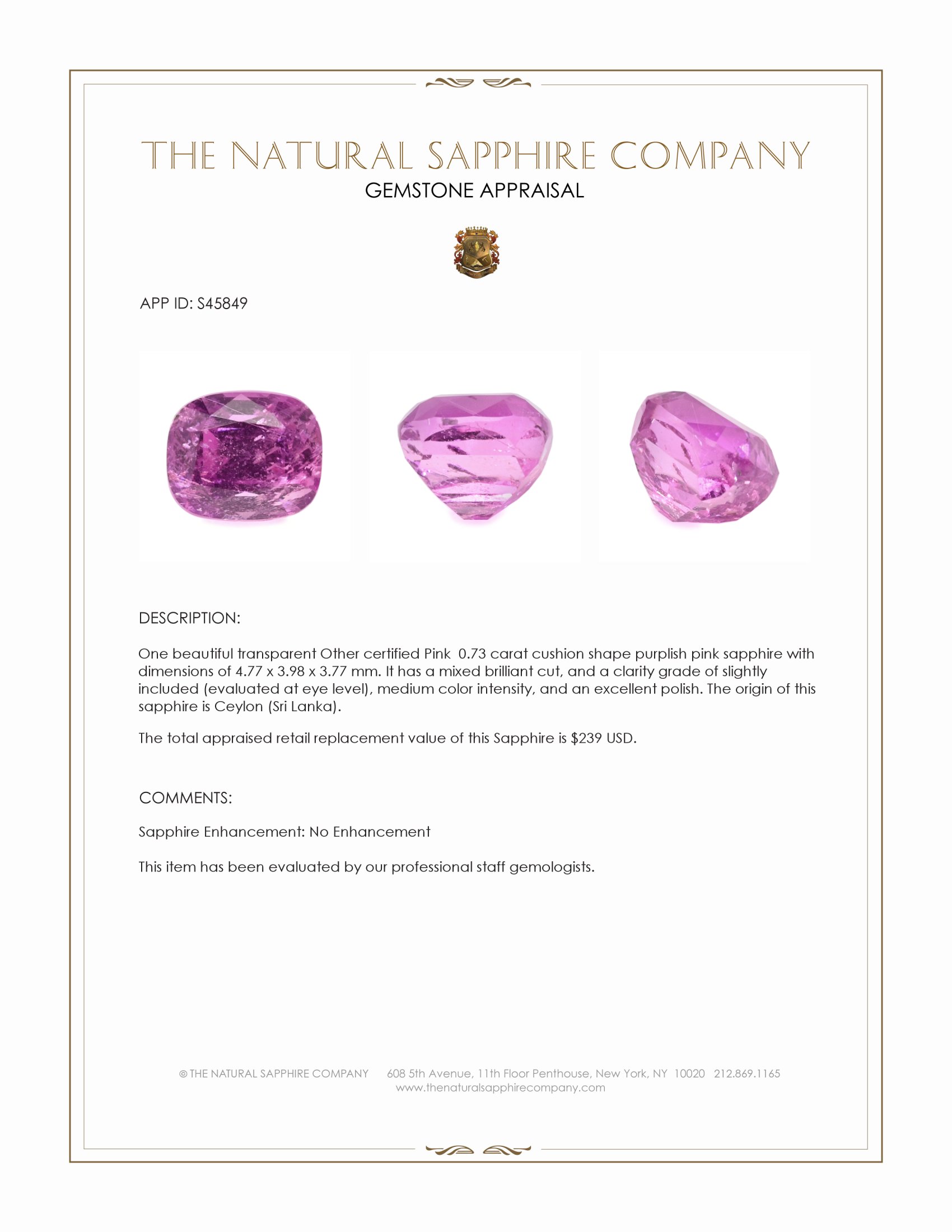 0.73 Ct. Purplish Pink Sapphire from Ceylon (Sri Lanka)