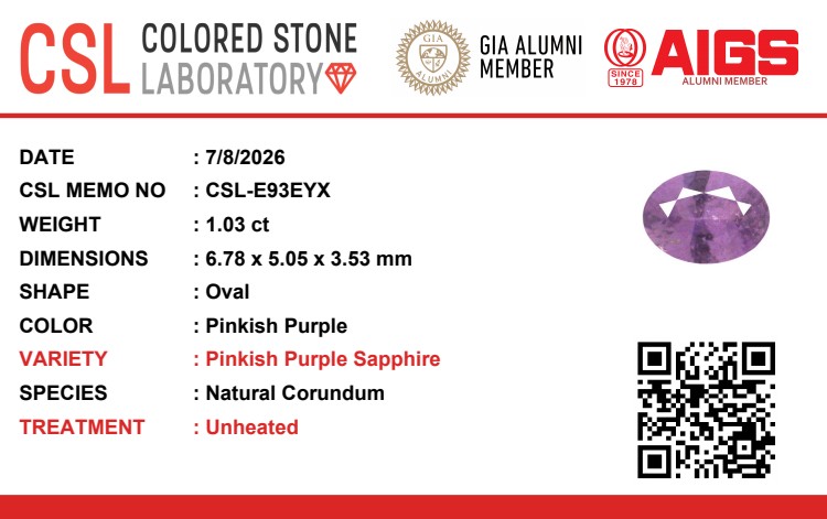 1.03 Ct. Pinkish Purple Sapphire from Ceylon (Sri Lanka)