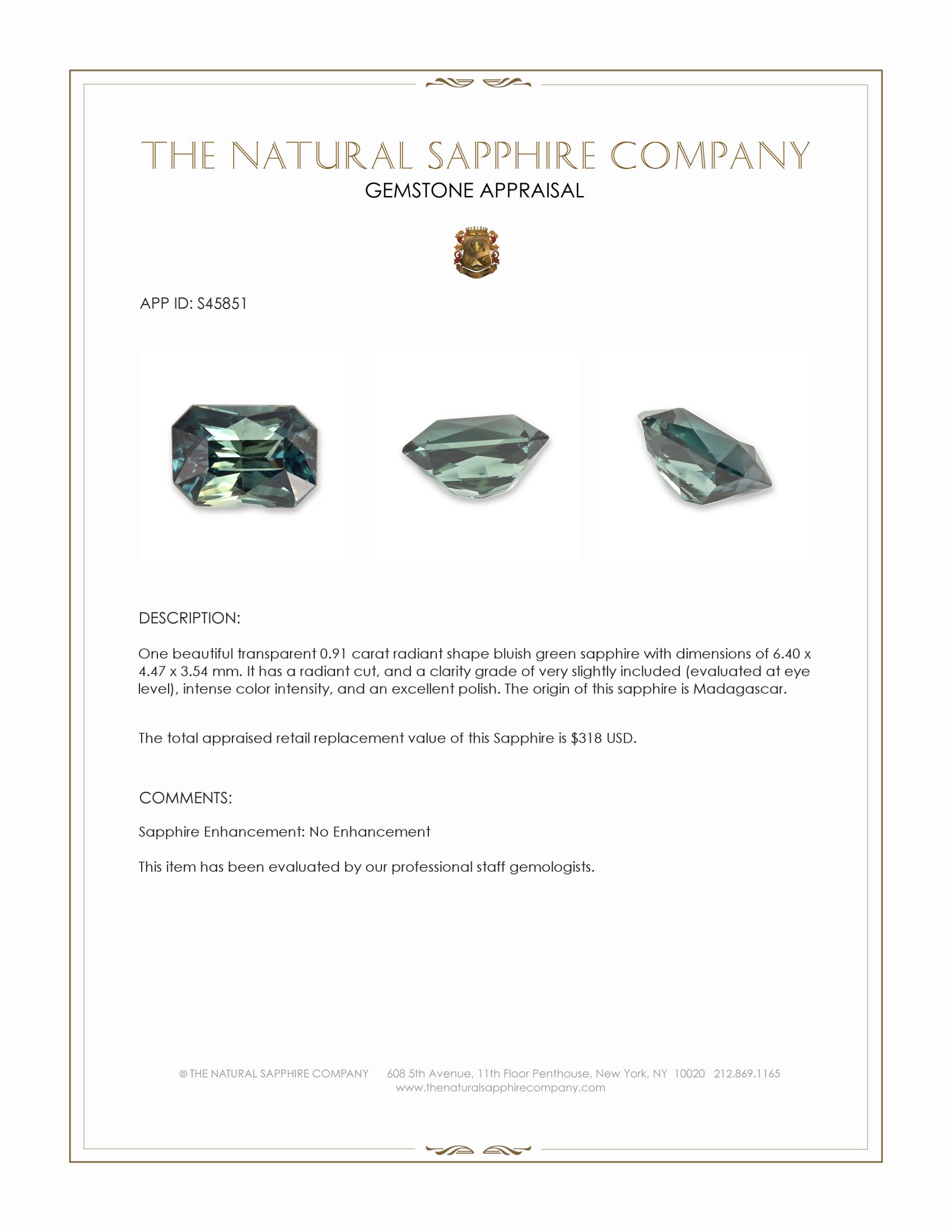 0.91 Ct. Bluish Green Sapphire from Madagascar