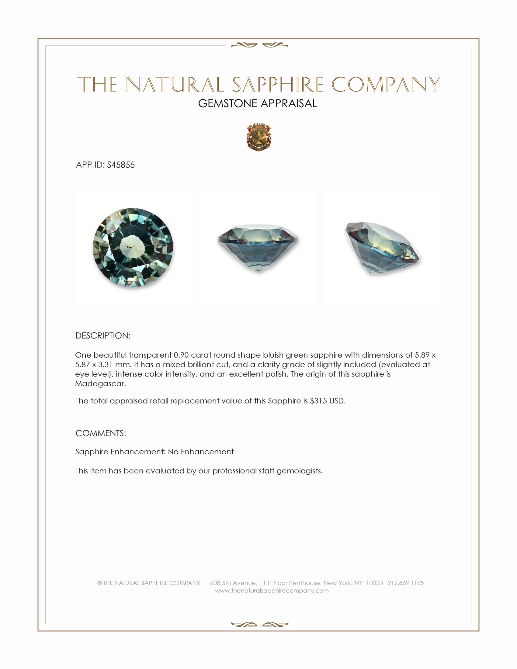 0.90 Ct. Bluish Green Sapphire from Madagascar
