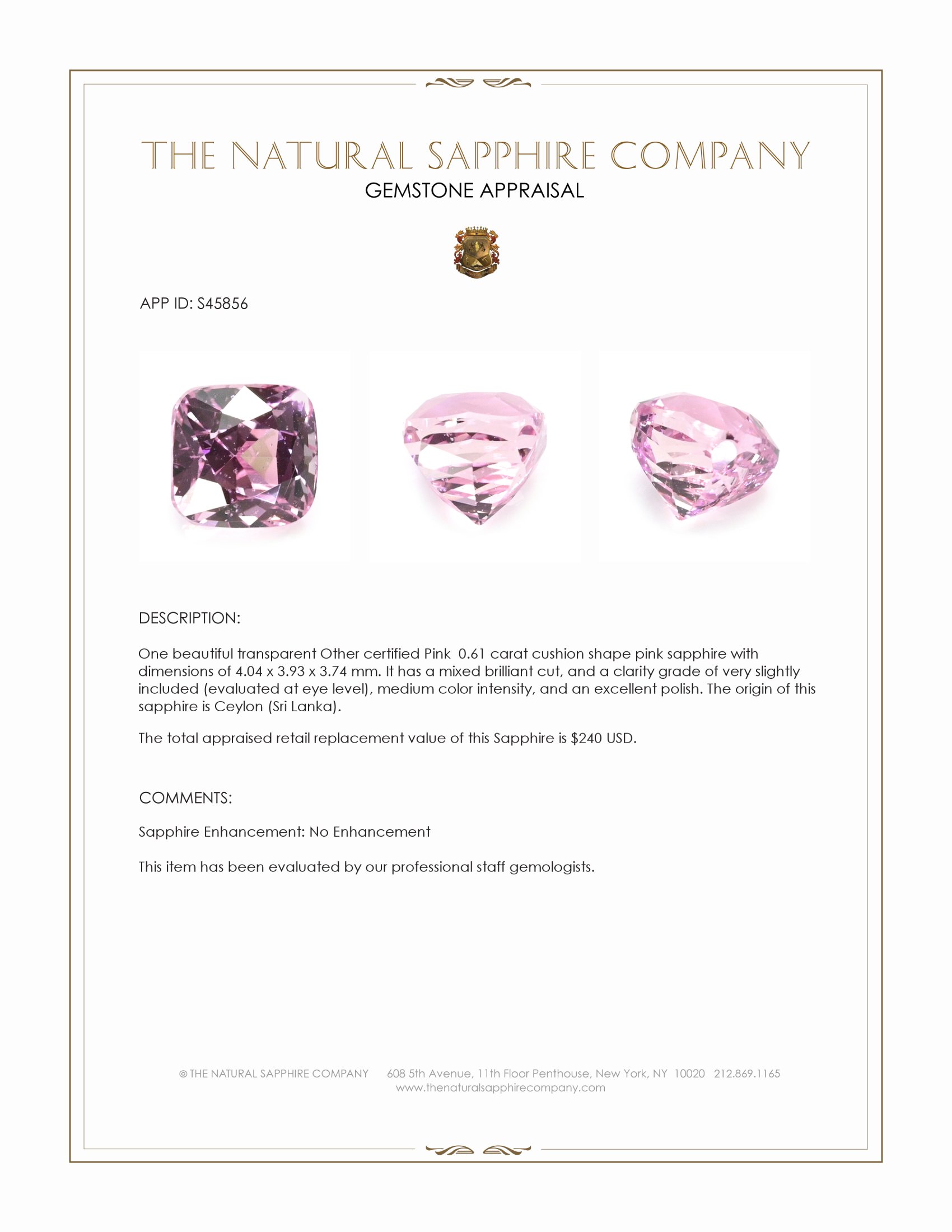 0.61 Ct. Pink Sapphire from Ceylon (Sri Lanka)