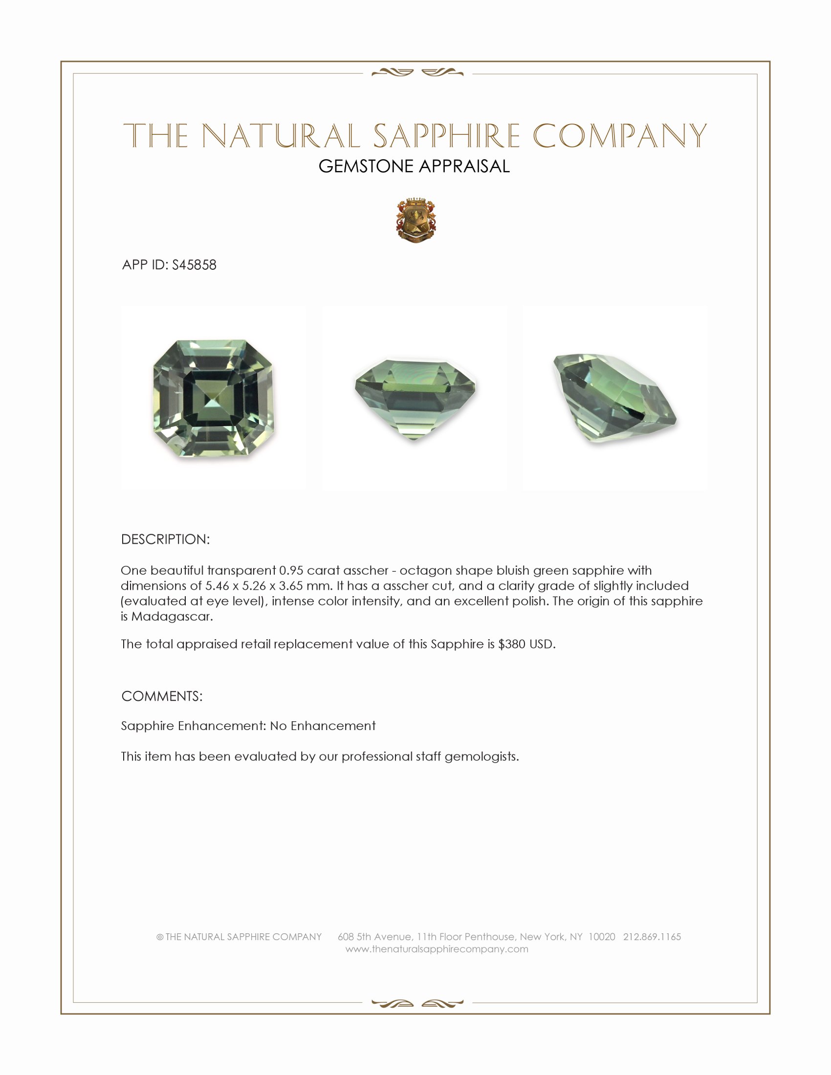 0.95 Ct. Bluish Green Sapphire from Madagascar