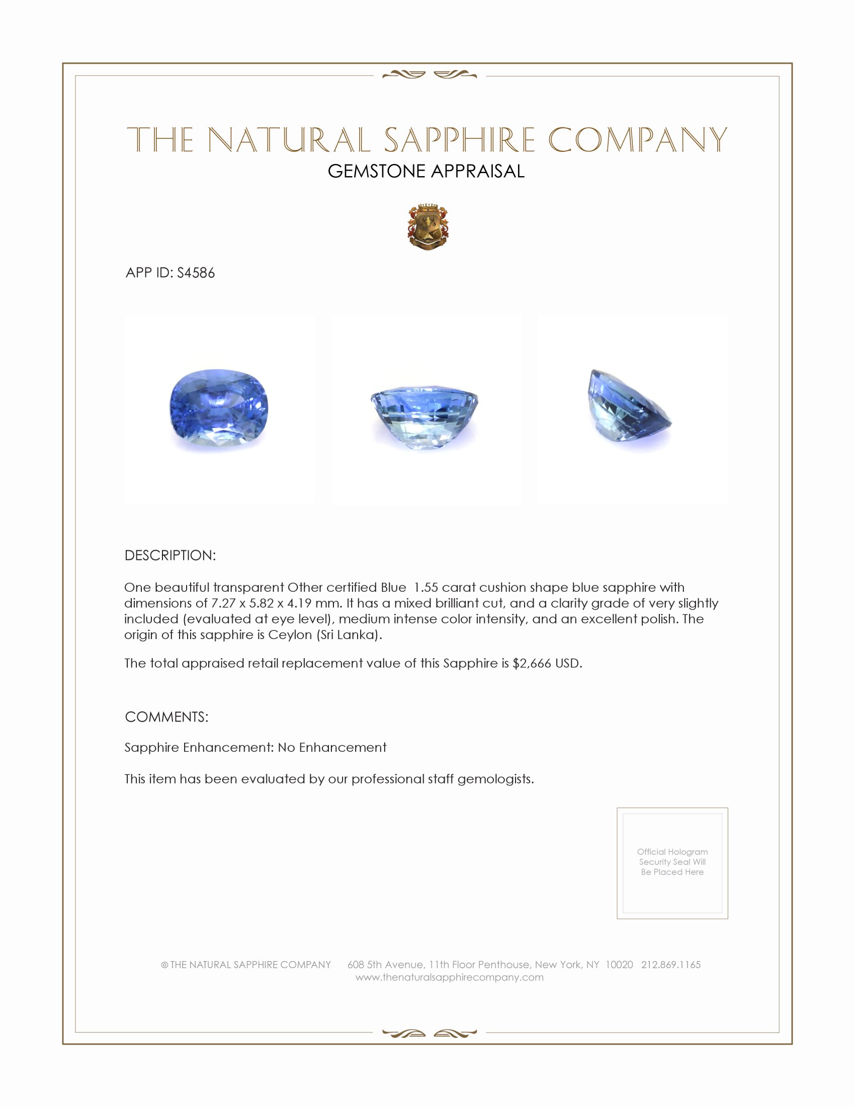 1.55 Ct. Blue Sapphire from Ceylon (Sri Lanka)