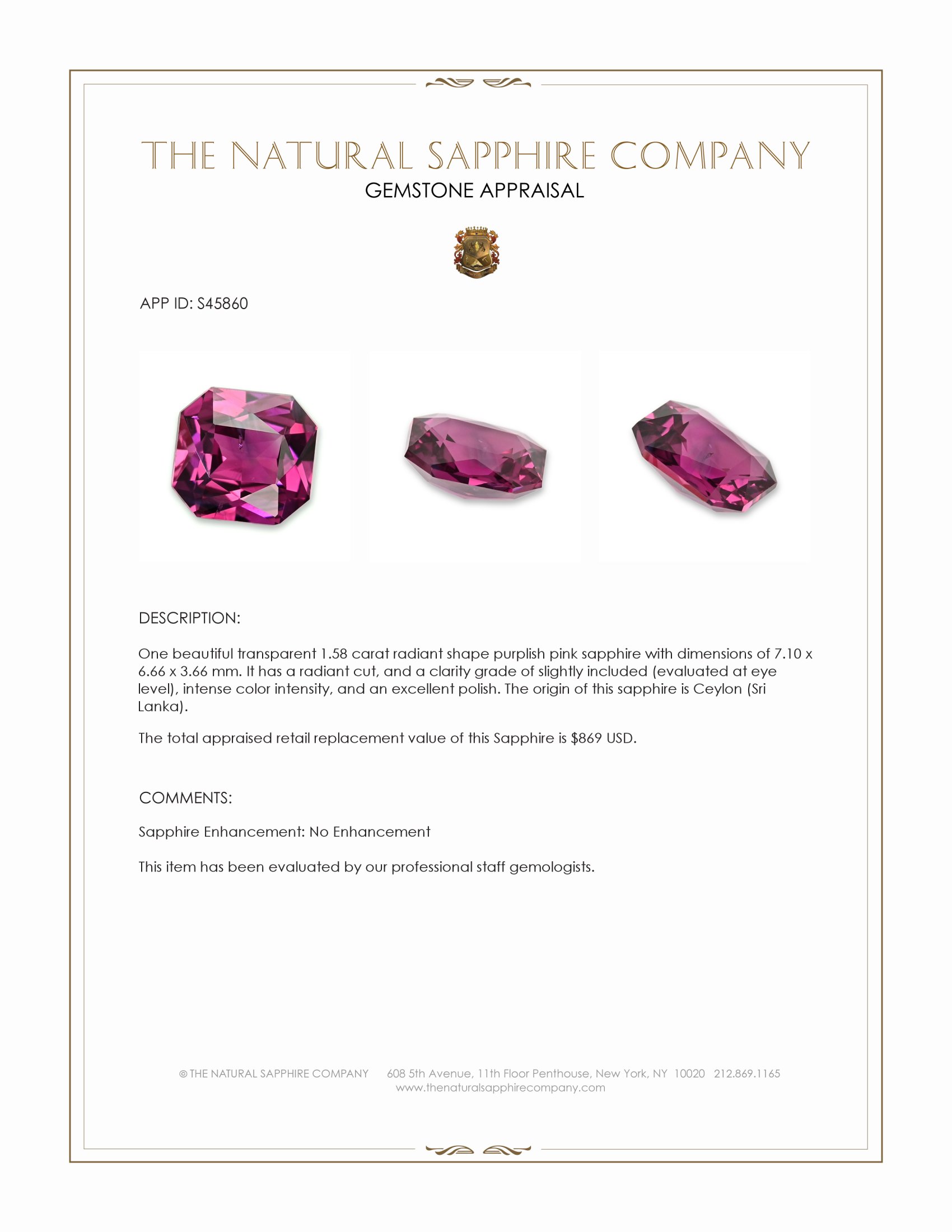1.58 Ct. Purplish Pink Sapphire from Ceylon (Sri Lanka)