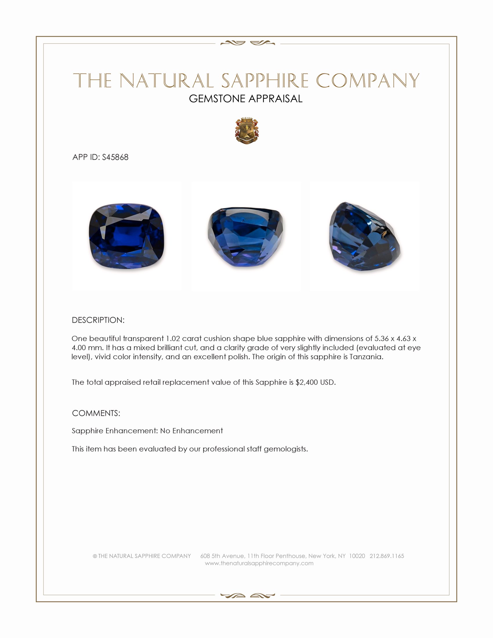 1.02 Ct. Blue Sapphire from Tanzania