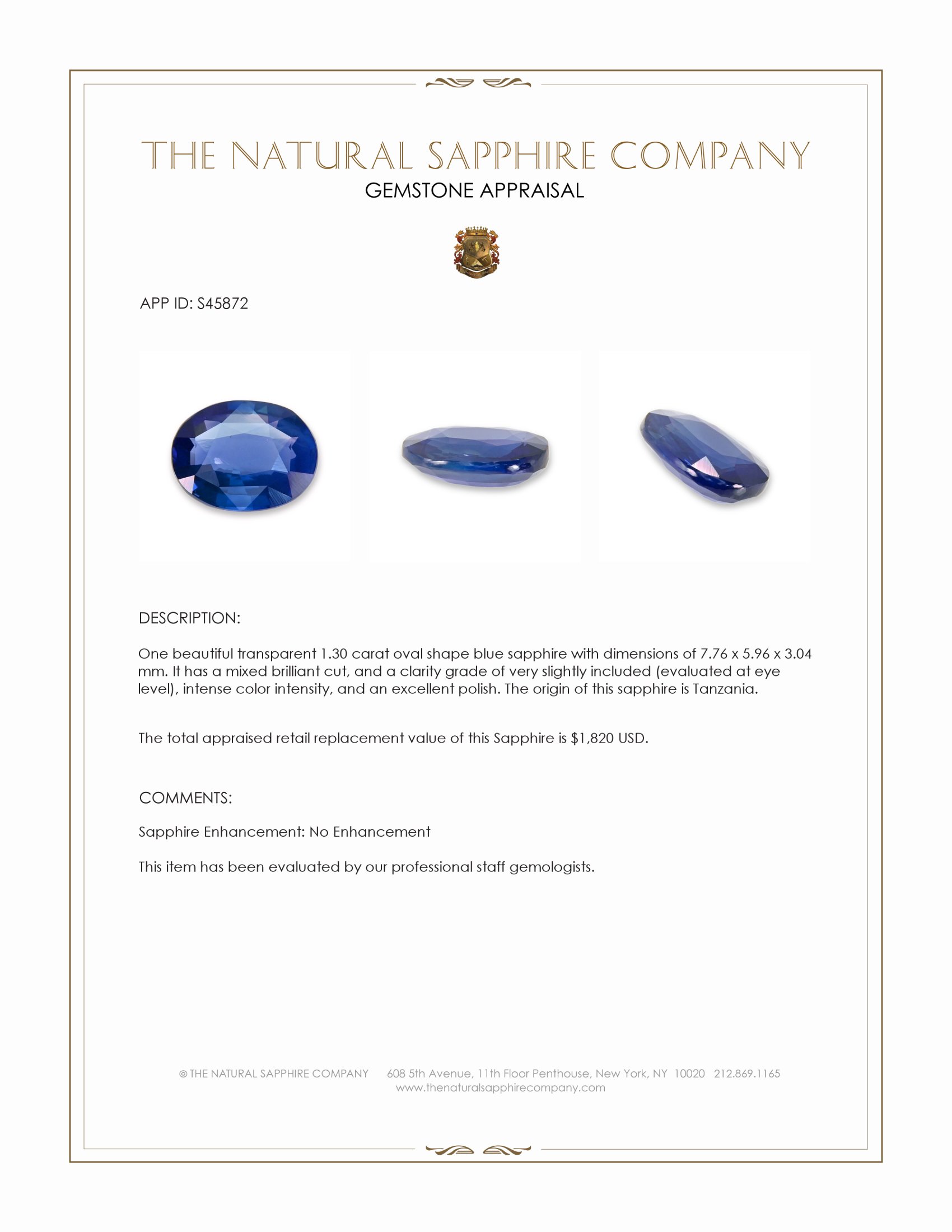 1.30 Ct. Blue Sapphire from Tanzania