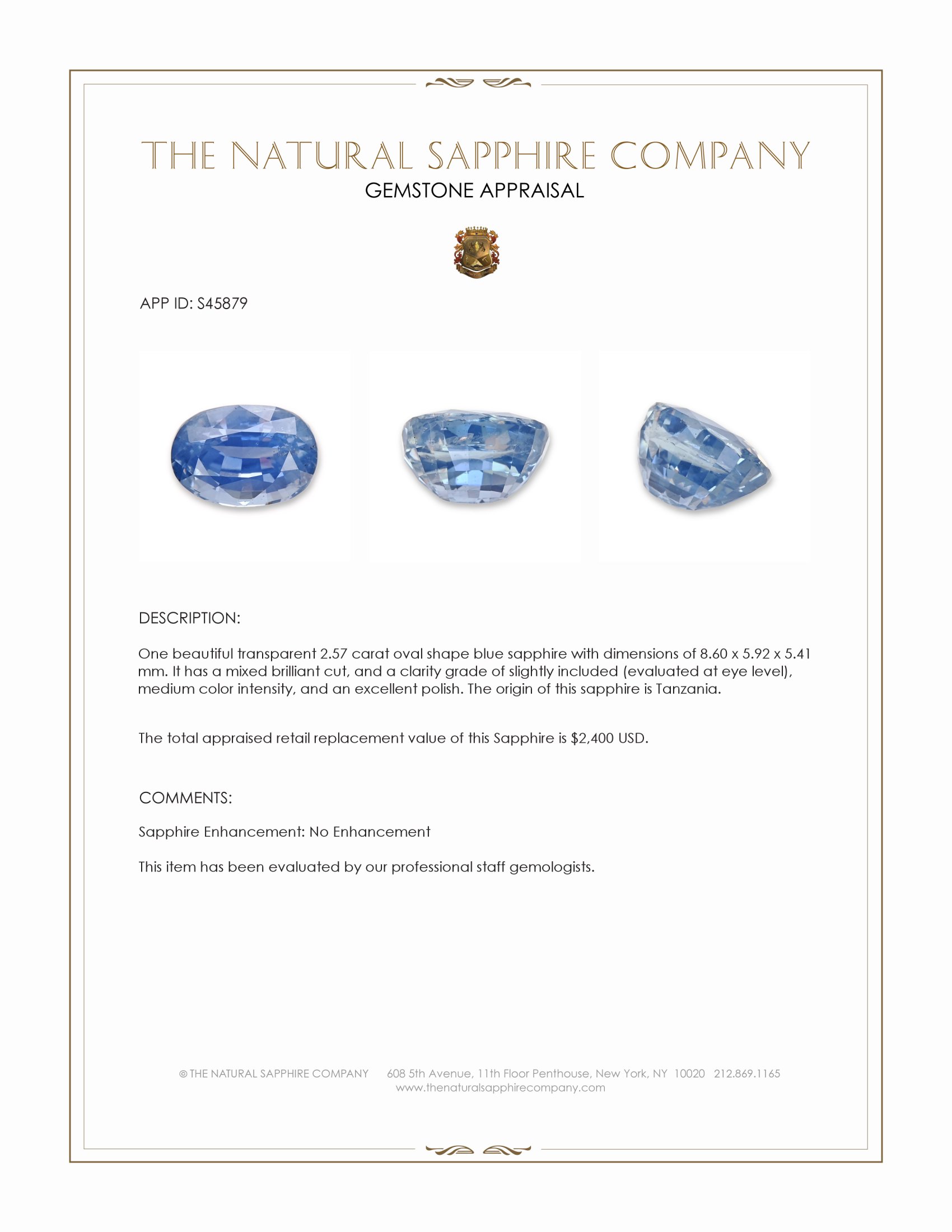 2.57 Ct. Blue Sapphire from Tanzania