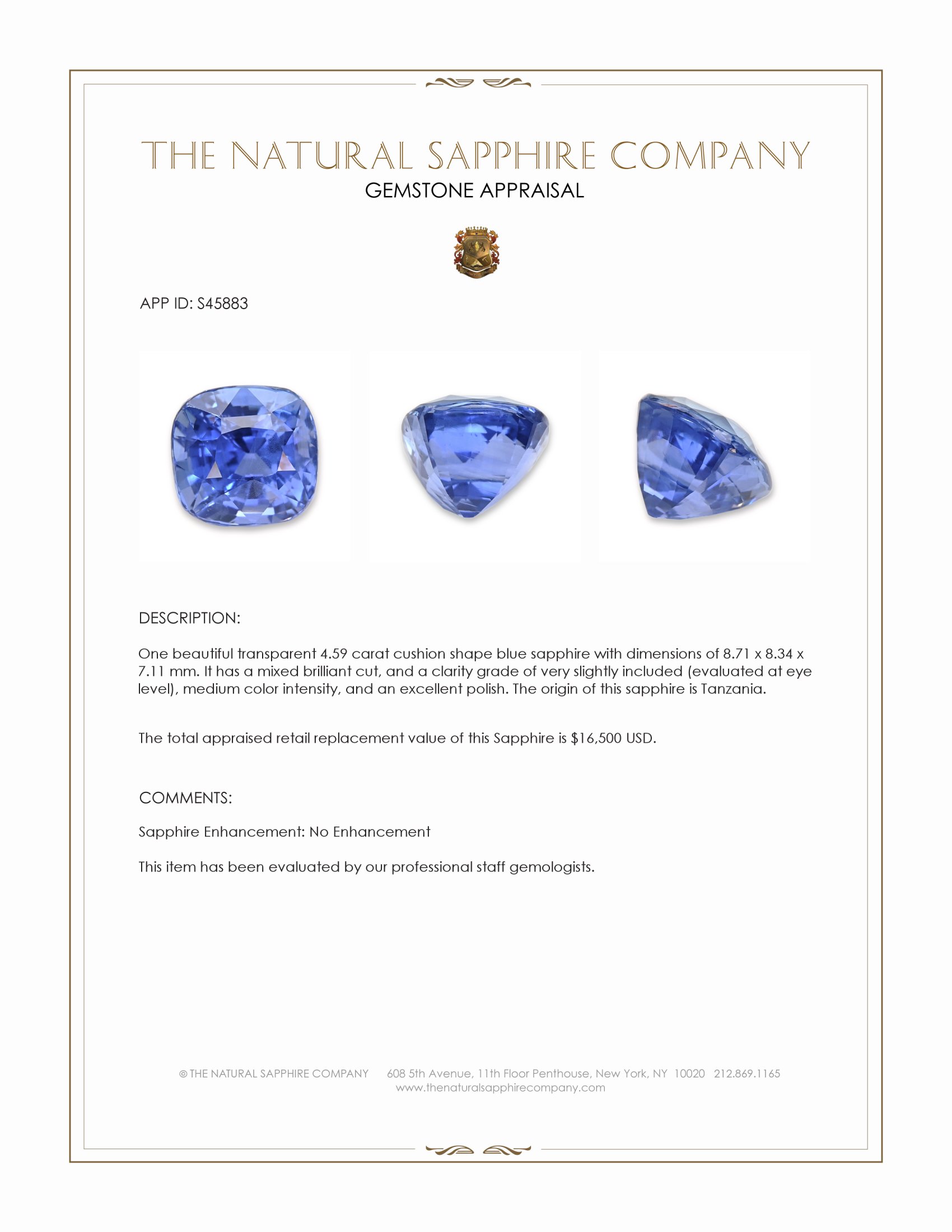 4.59 Ct. Blue Sapphire from Tanzania