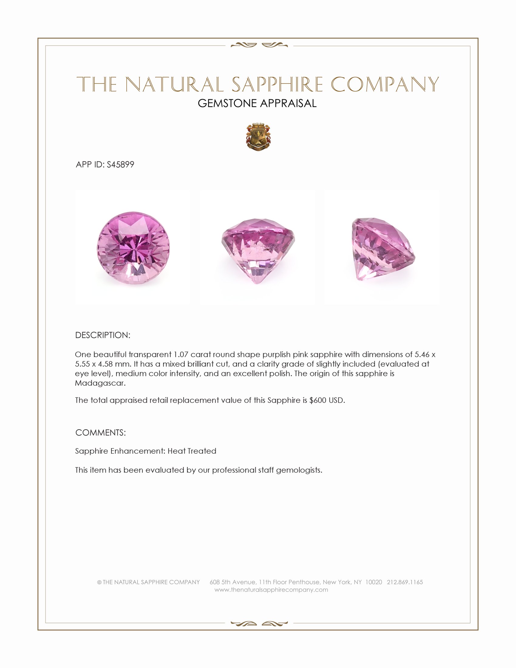 1.07 Ct. Purplish Pink Sapphire from Madagascar