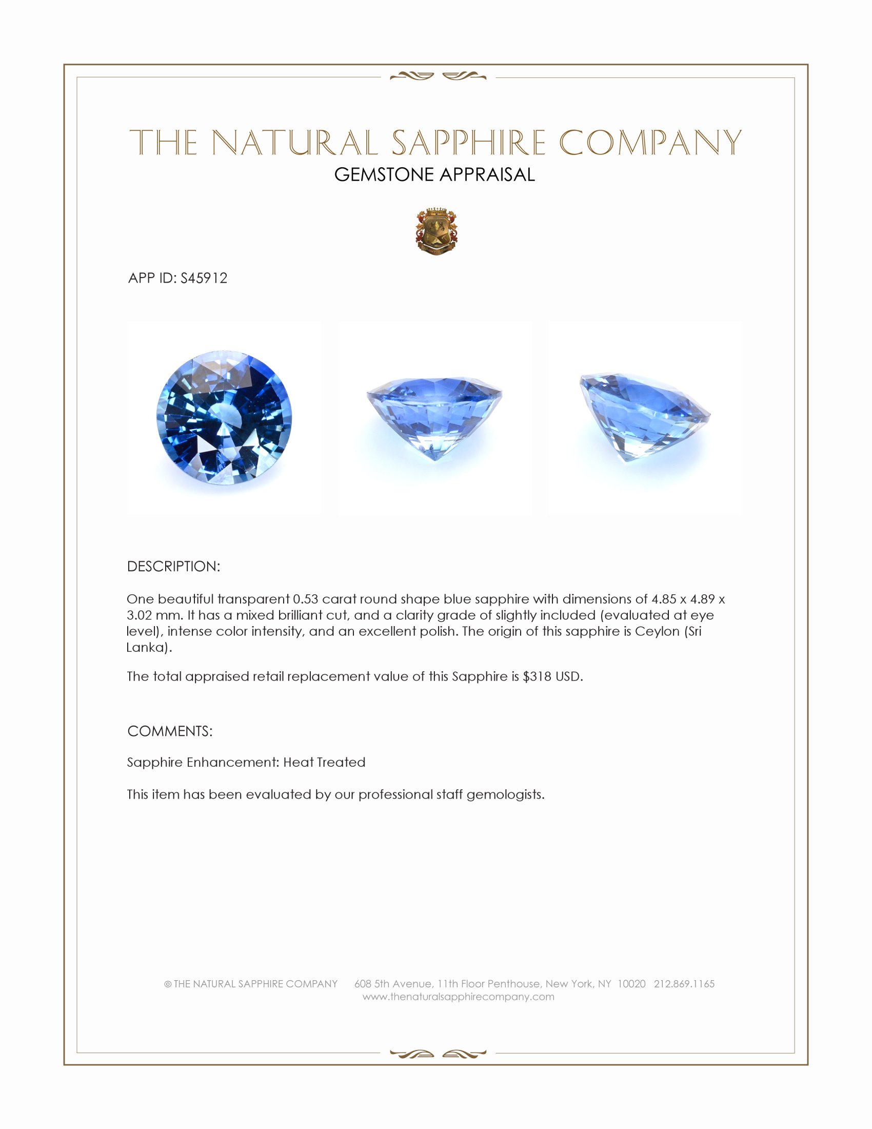 0.53 Ct. Blue Sapphire from Ceylon (Sri Lanka)