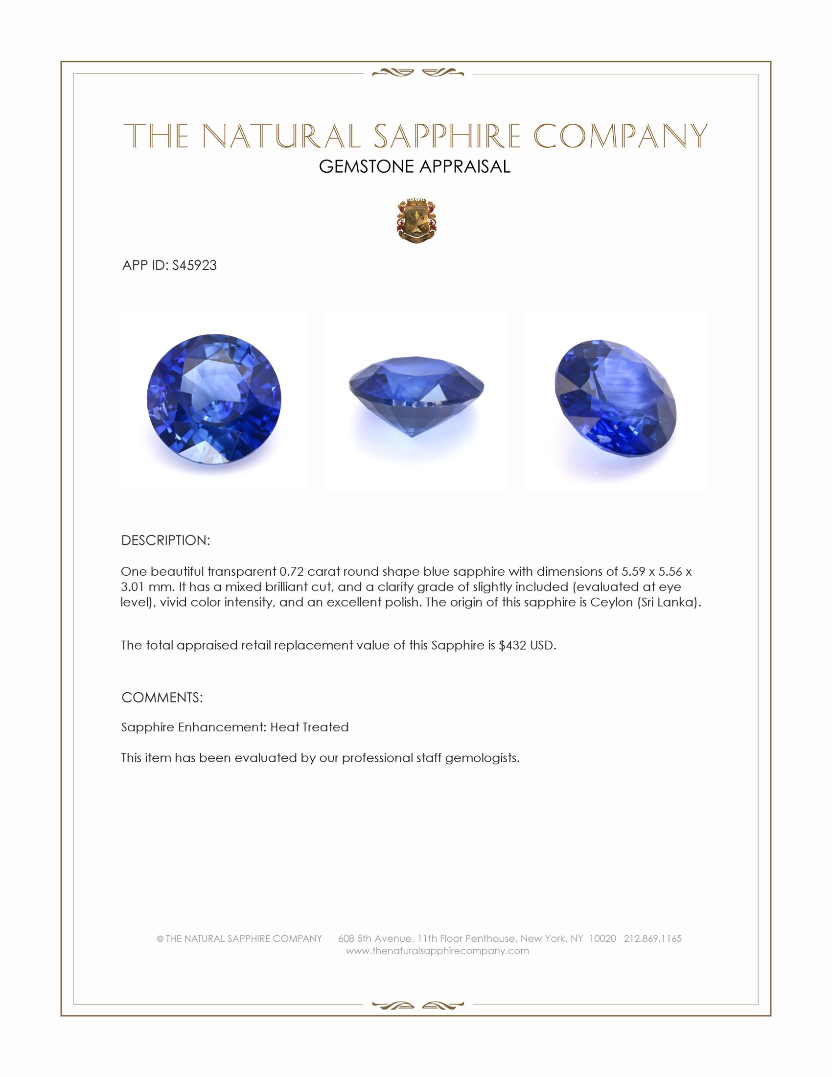 0.72 Ct. Blue Sapphire from Ceylon (Sri Lanka)