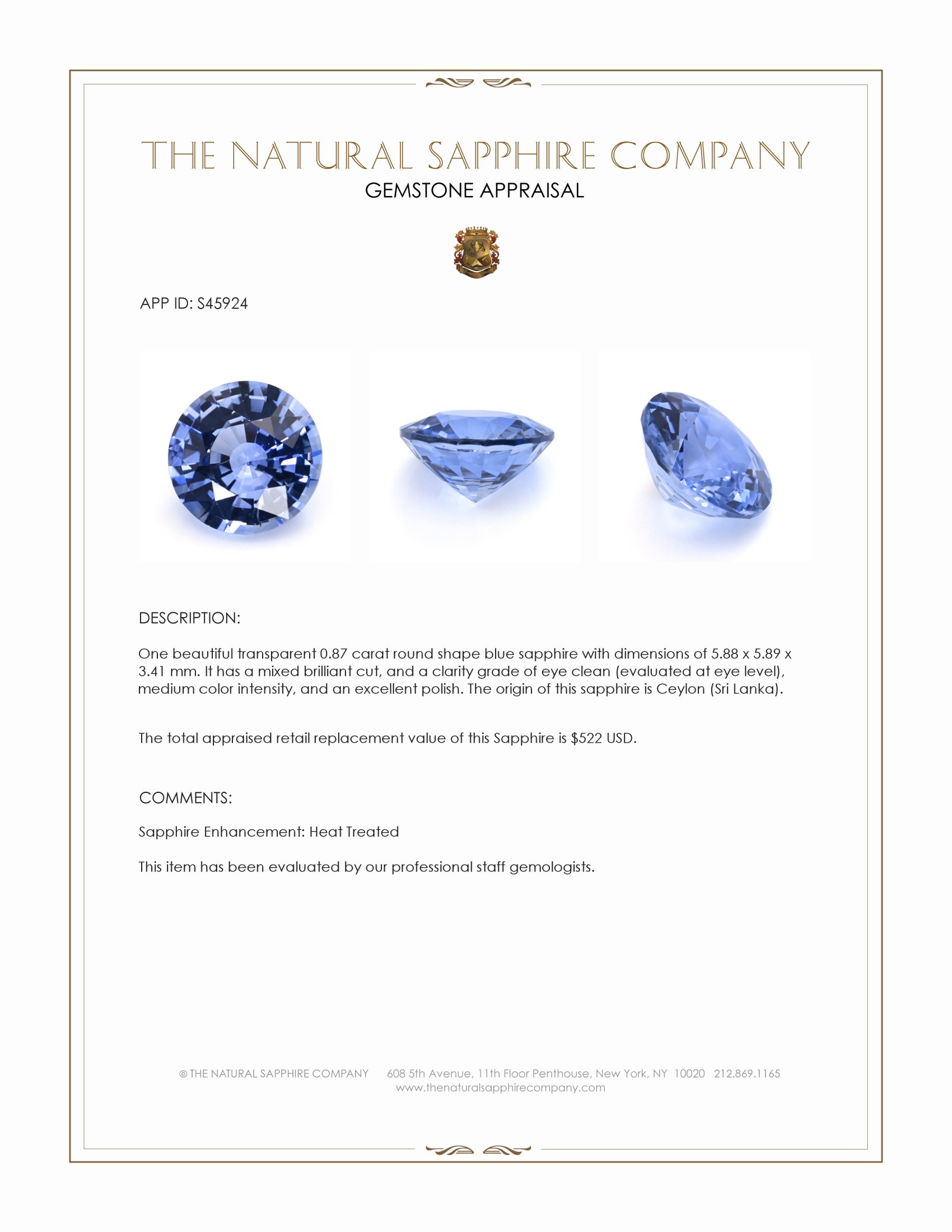 0.87 Ct. Blue Sapphire from Ceylon (Sri Lanka)