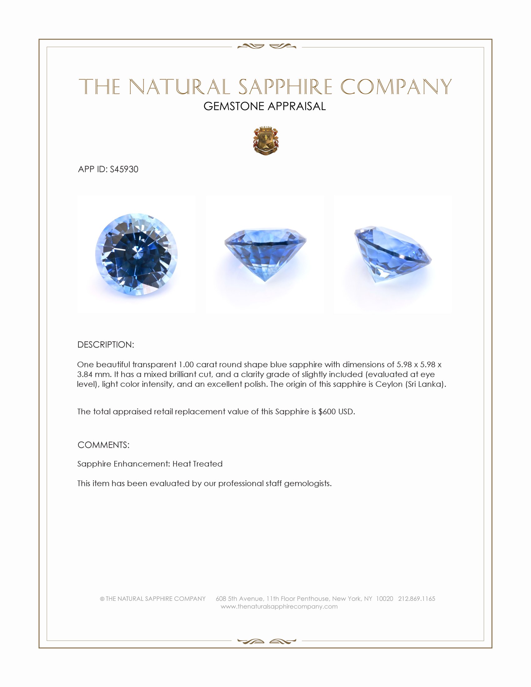 1.00 Ct. Blue Sapphire from Ceylon (Sri Lanka)