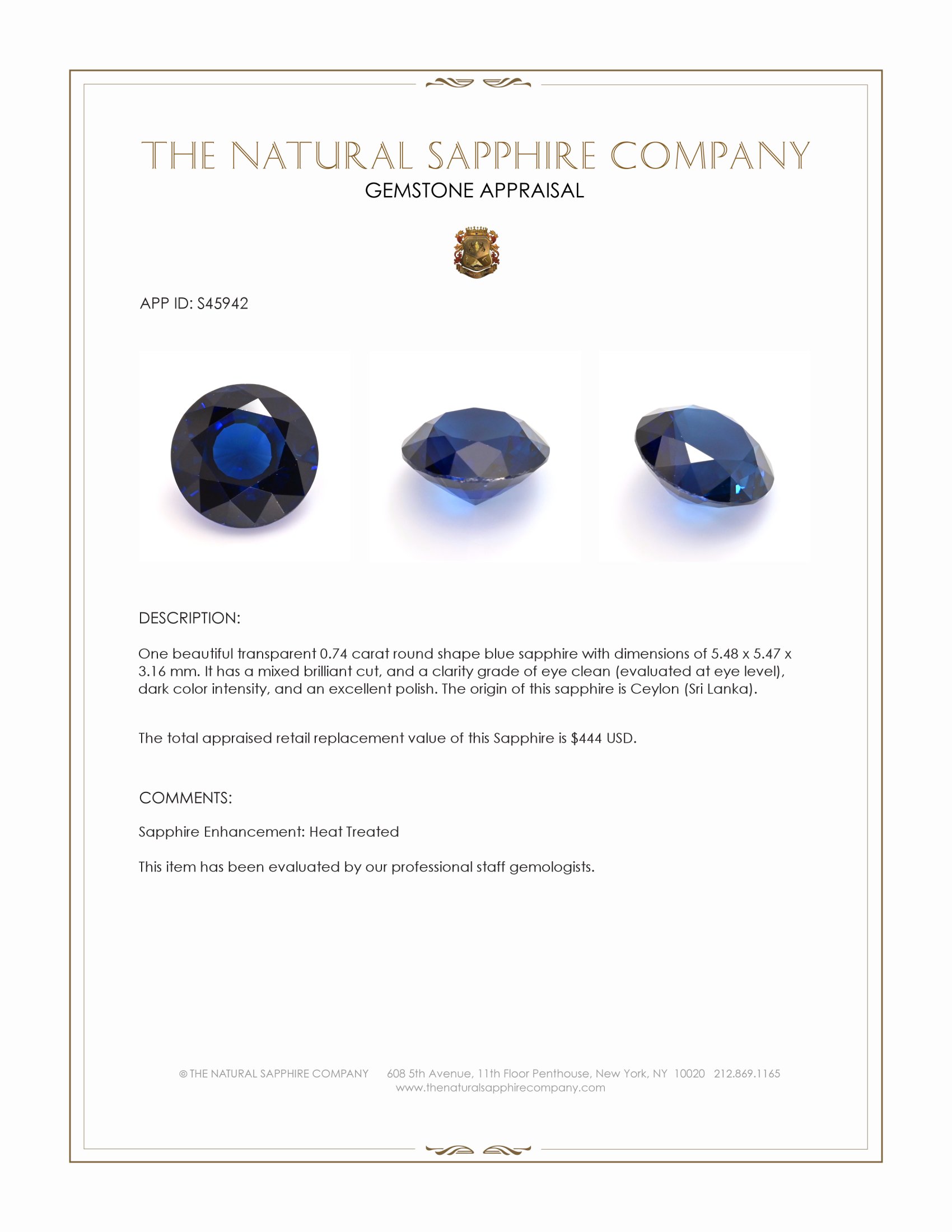 0.74 Ct. Blue Sapphire from Ceylon (Sri Lanka)