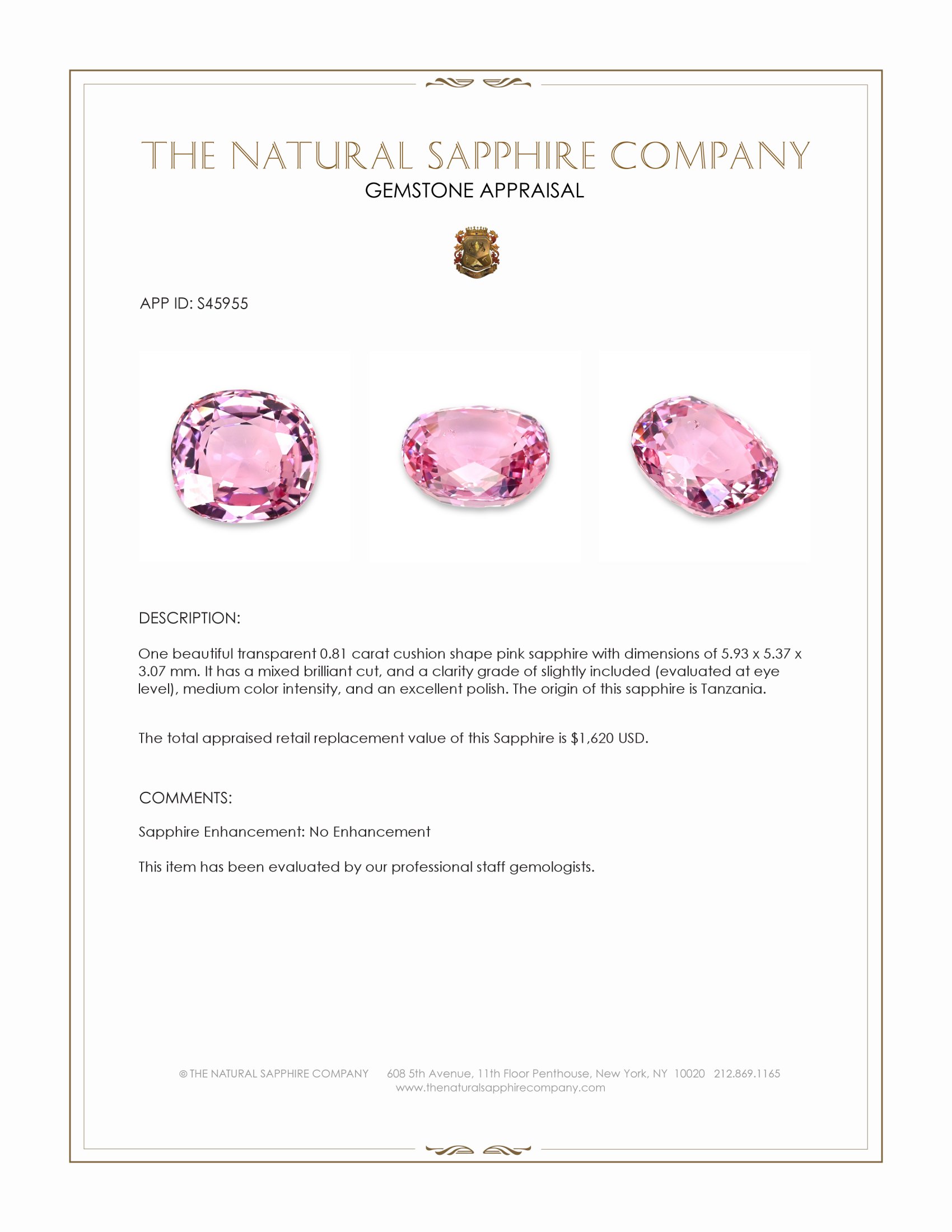 0.81 Ct. Pink Sapphire from Tanzania