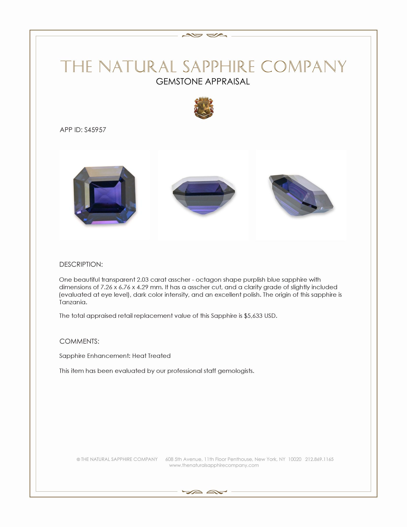 2.03 Ct. Purplish Blue Sapphire from Tanzania
