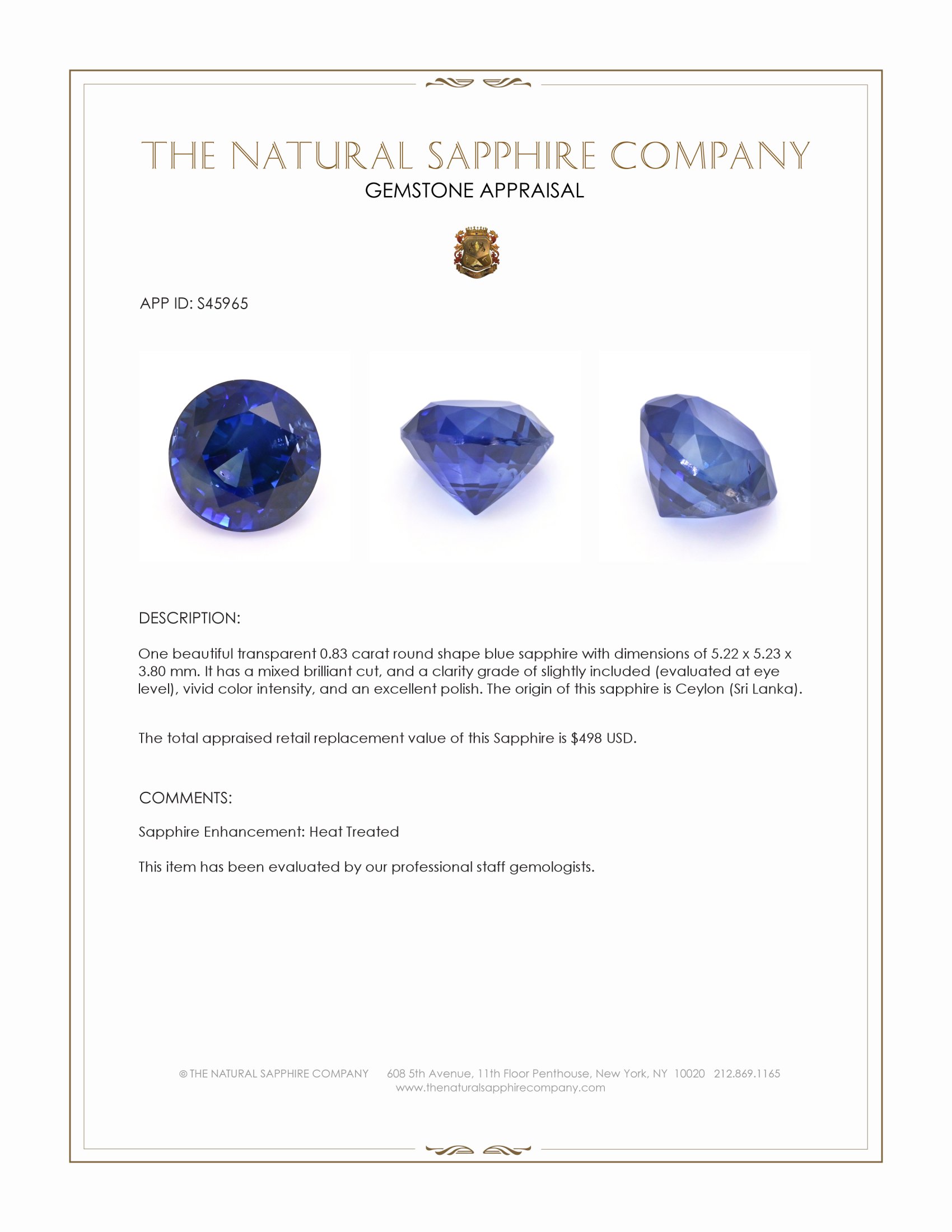 0.83 Ct. Blue Sapphire from Ceylon (Sri Lanka)