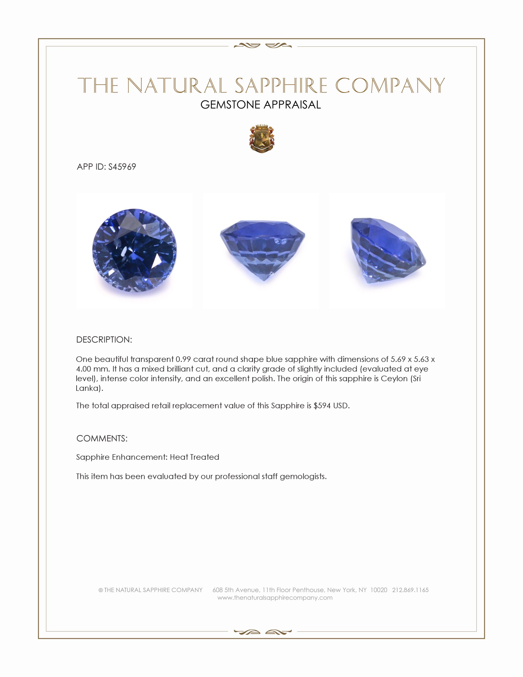 0.99 Ct. Blue Sapphire from Ceylon (Sri Lanka)