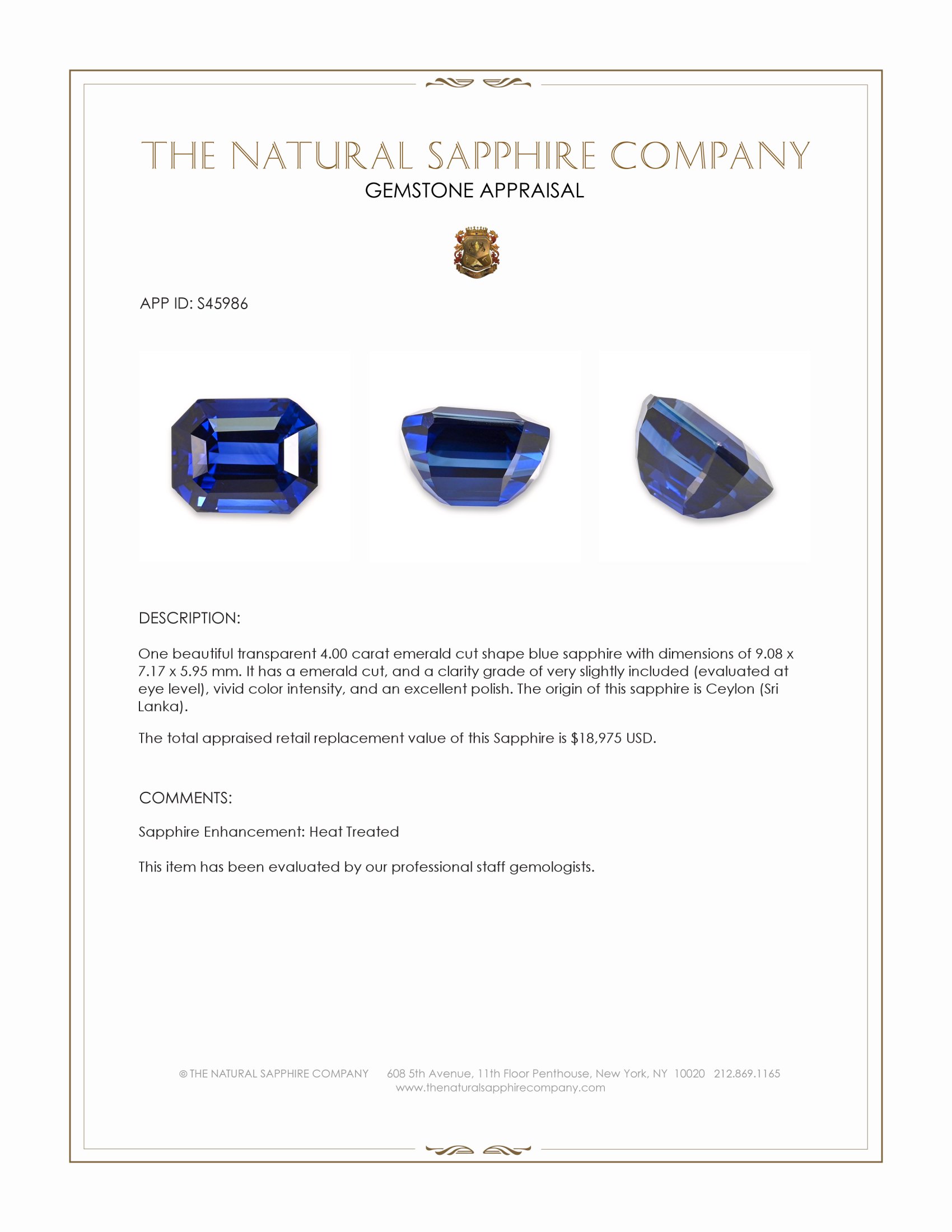 4.00 Ct. Blue Sapphire from Ceylon (Sri Lanka)
