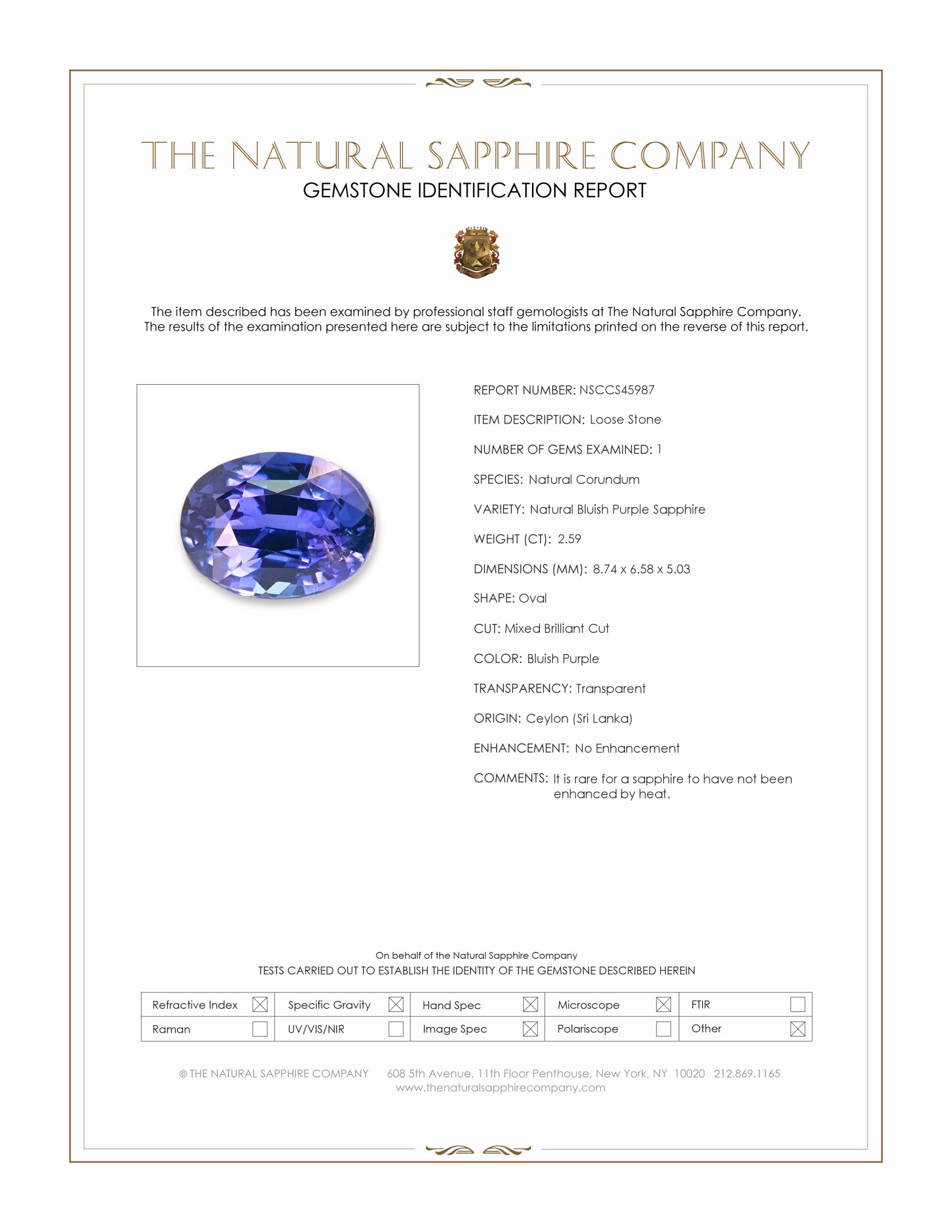 2.59 Ct. Bluish Purple Sapphire from Ceylon (Sri Lanka)