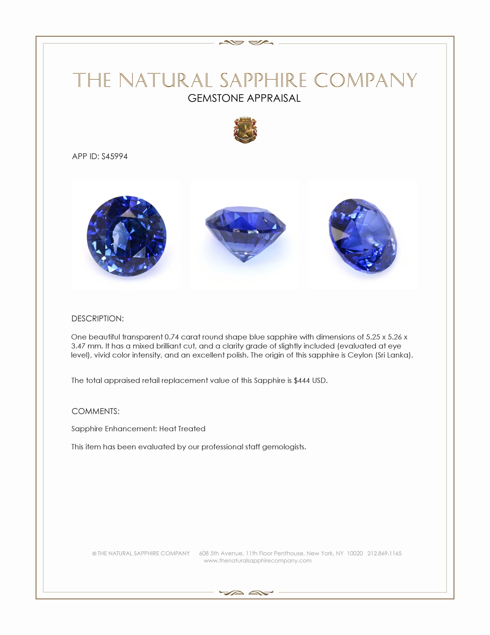 0.74 Ct. Blue Sapphire from Ceylon (Sri Lanka)