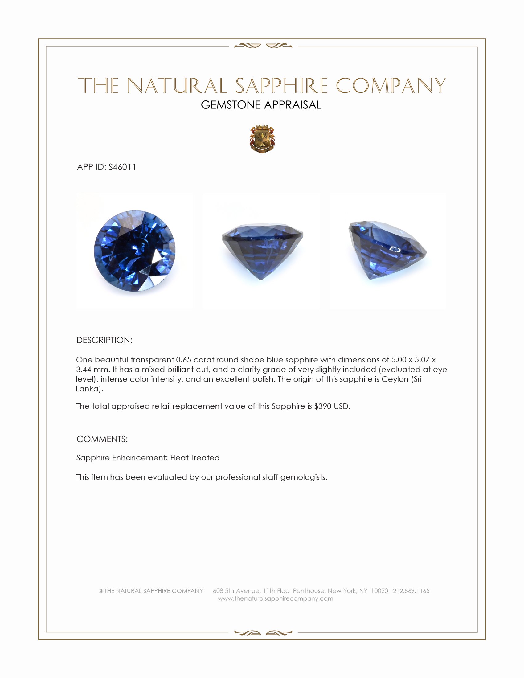0.65 Ct. Blue Sapphire from Ceylon (Sri Lanka)