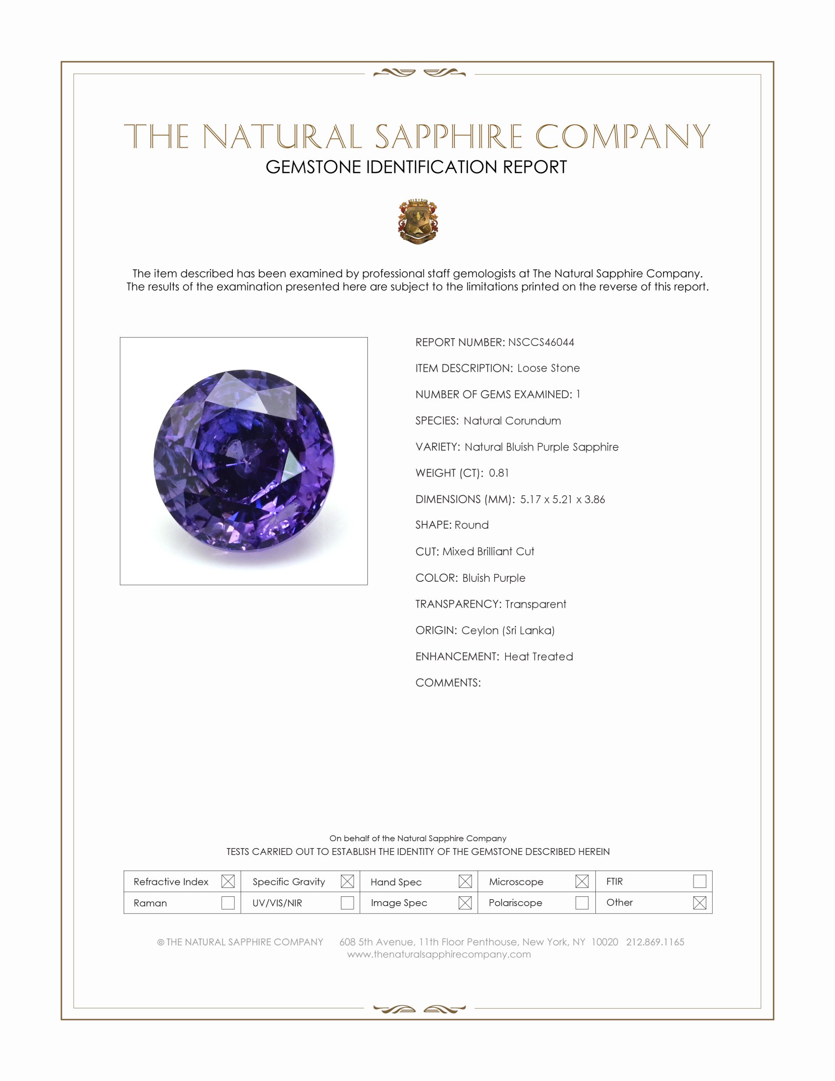 0.81 Ct. Bluish Purple Sapphire from Ceylon (Sri Lanka)