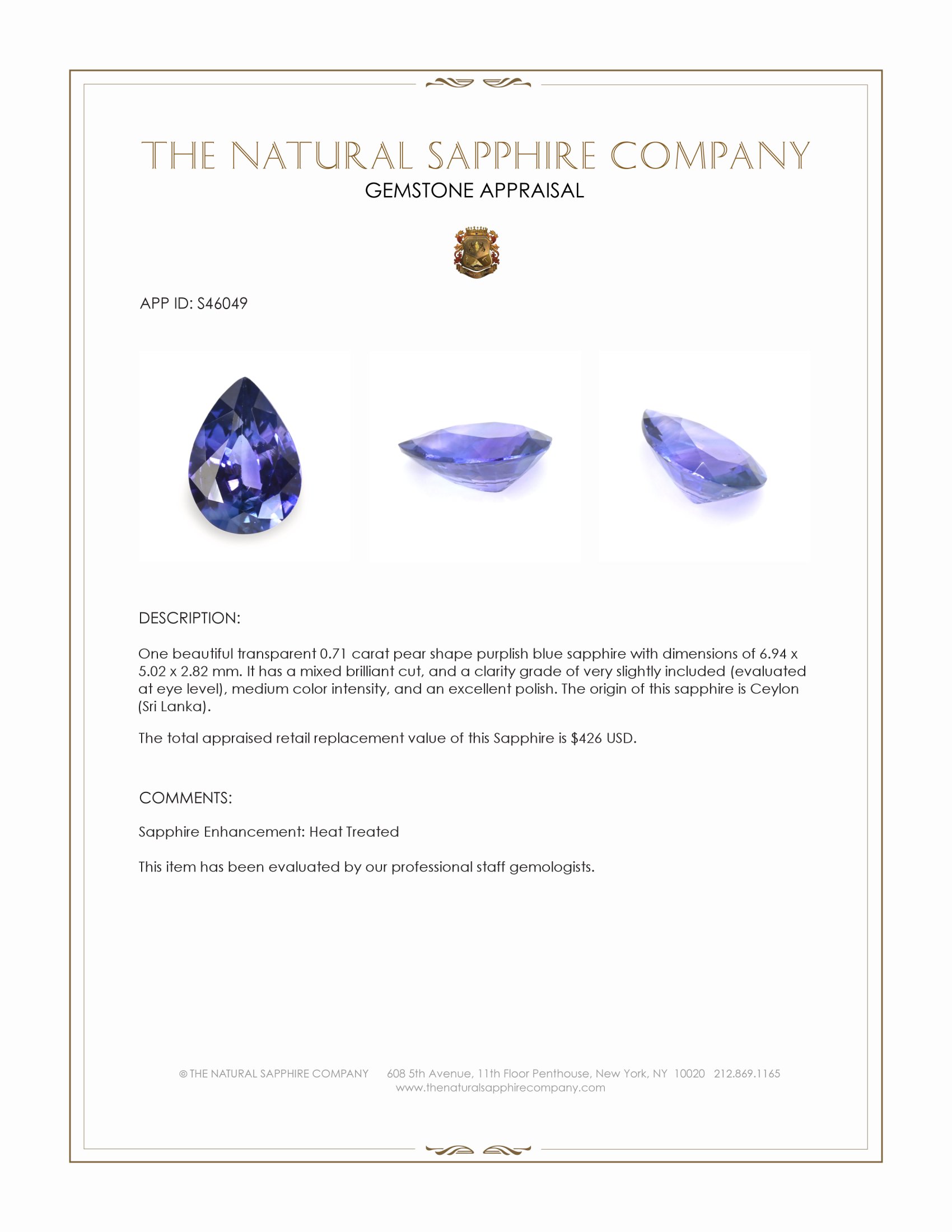 0.71 Ct. Purplish Blue Sapphire from Ceylon (Sri Lanka)