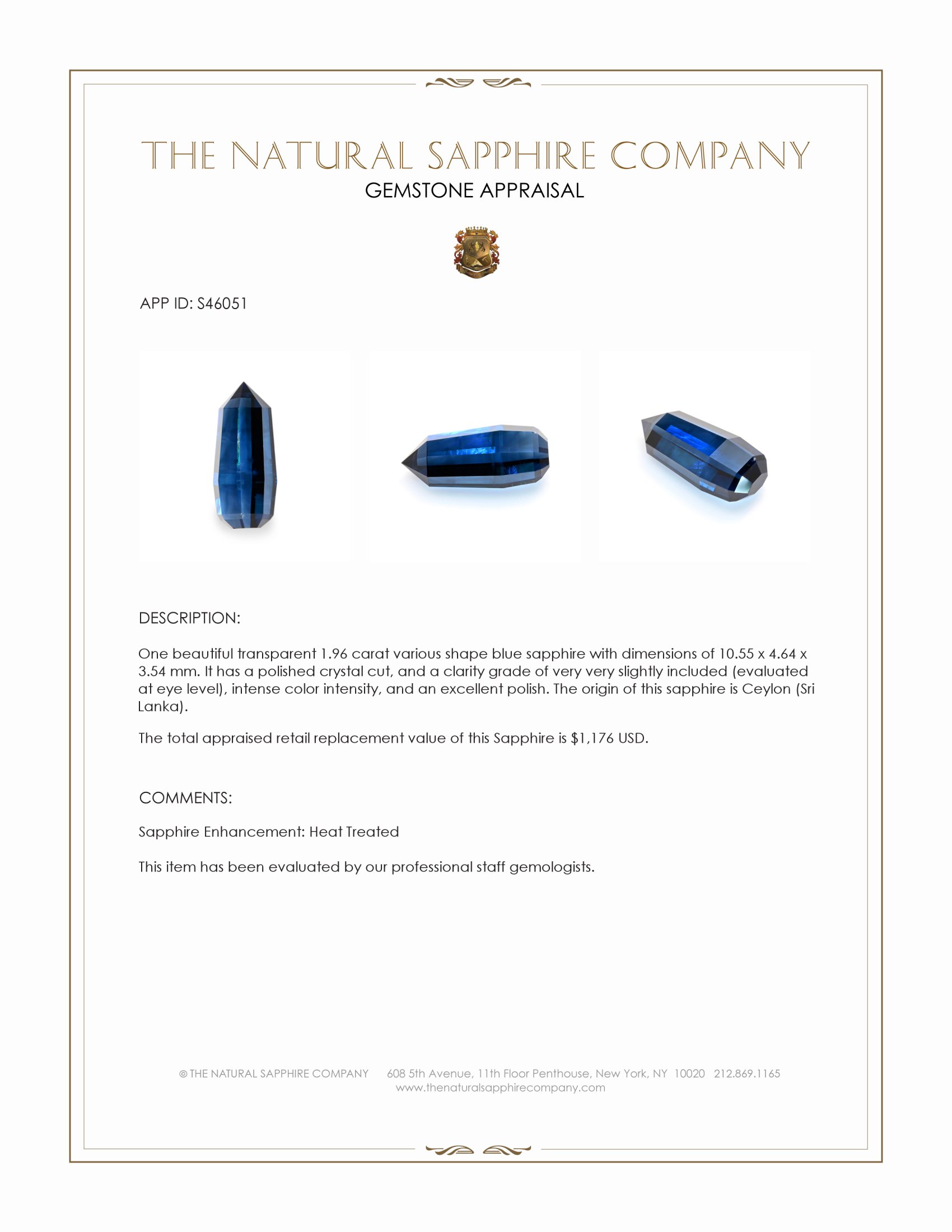 1.96 Ct. Blue Sapphire Crystal from Ceylon (Sri Lanka)