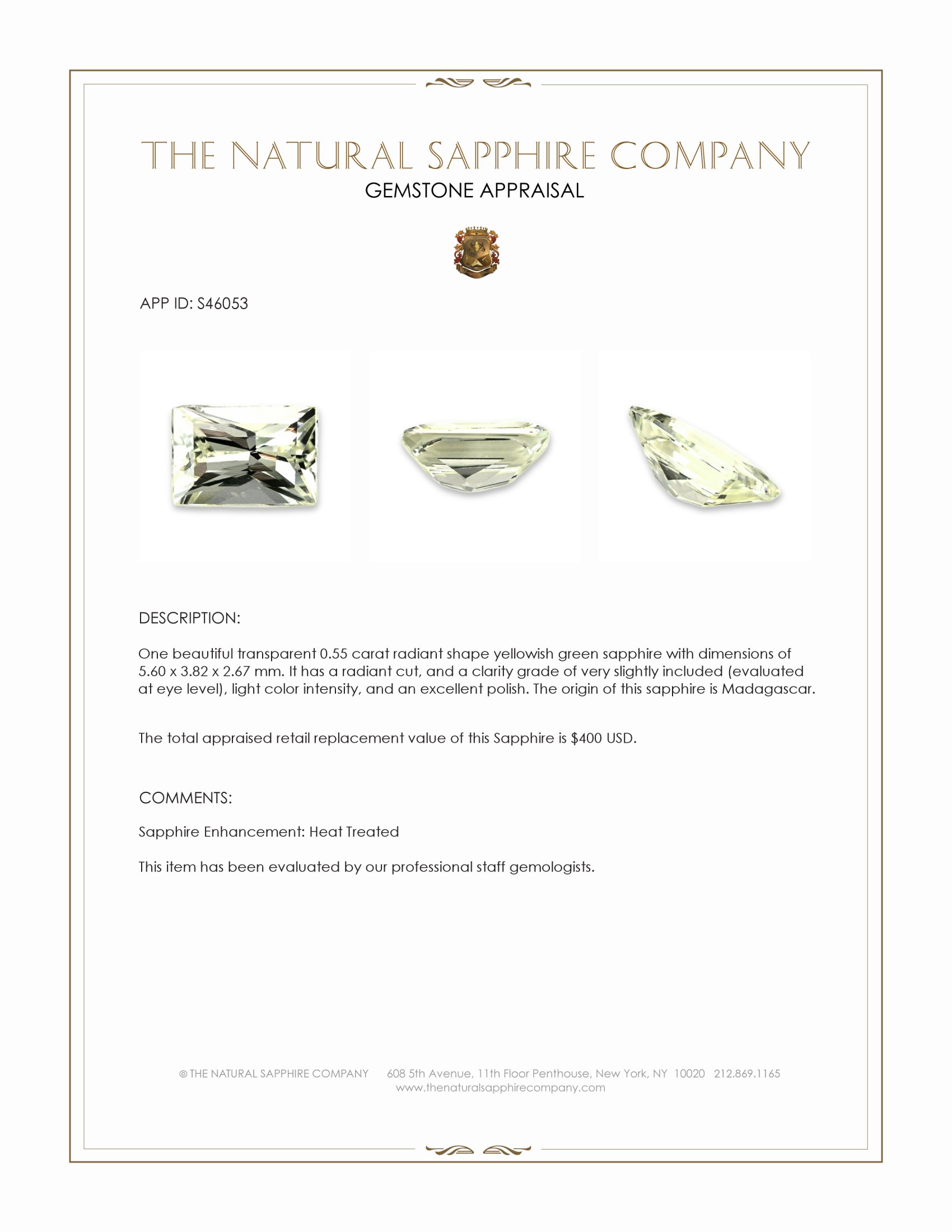 0.55 Ct. Yellowish Green Sapphire from Madagascar