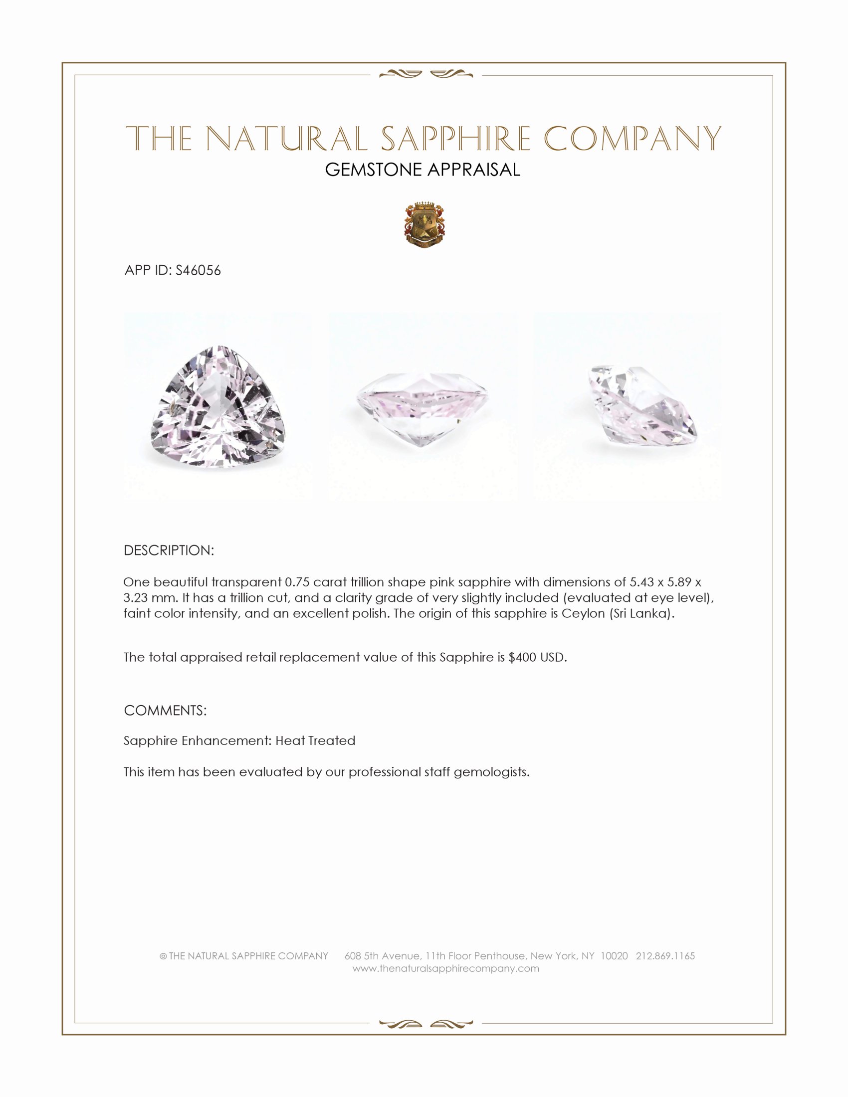 0.75 Ct. Pink Sapphire from Ceylon (Sri Lanka)