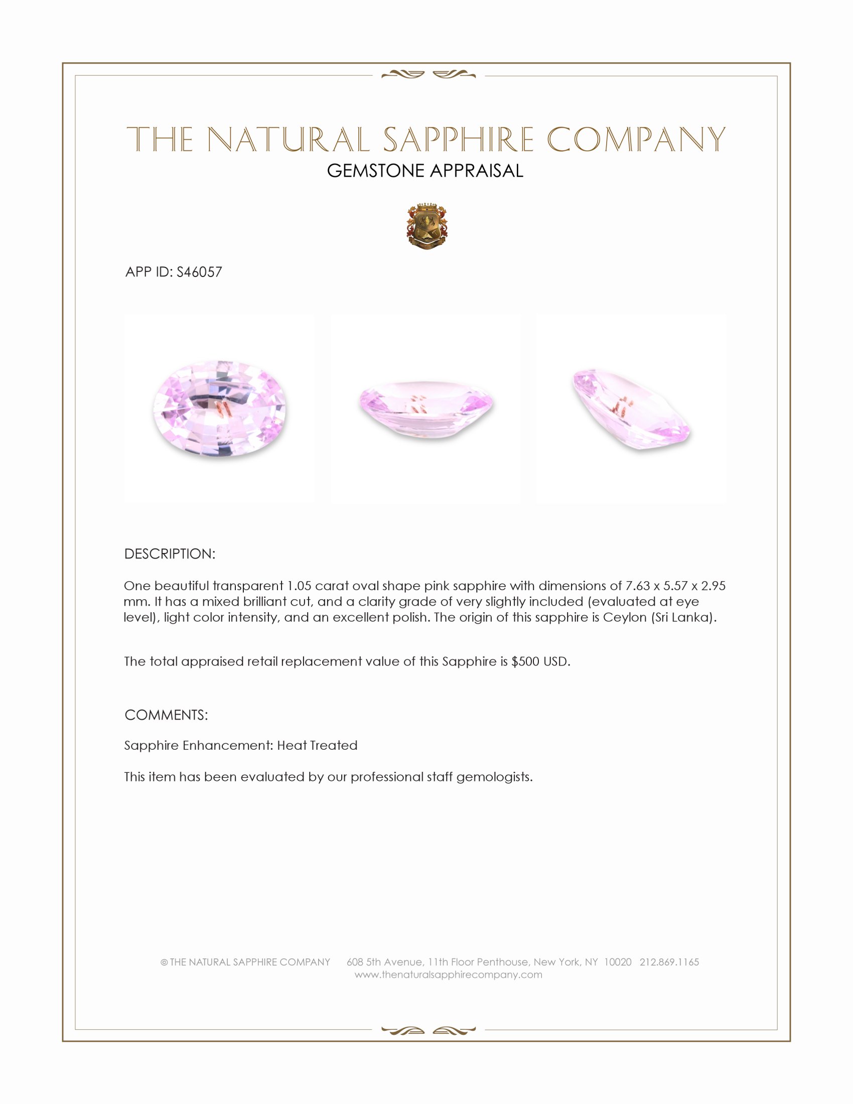1.05 Ct. Pink Sapphire from Ceylon (Sri Lanka)