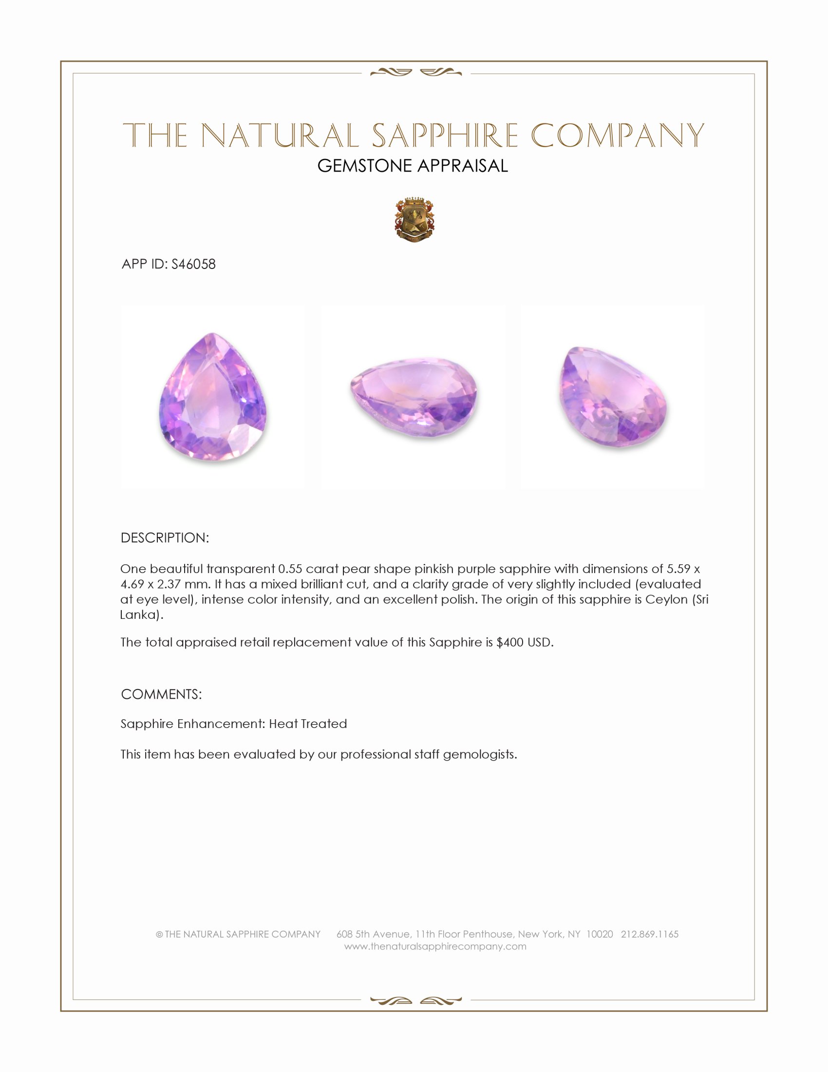 0.55 Ct. Pinkish Purple Sapphire from Ceylon (Sri Lanka)