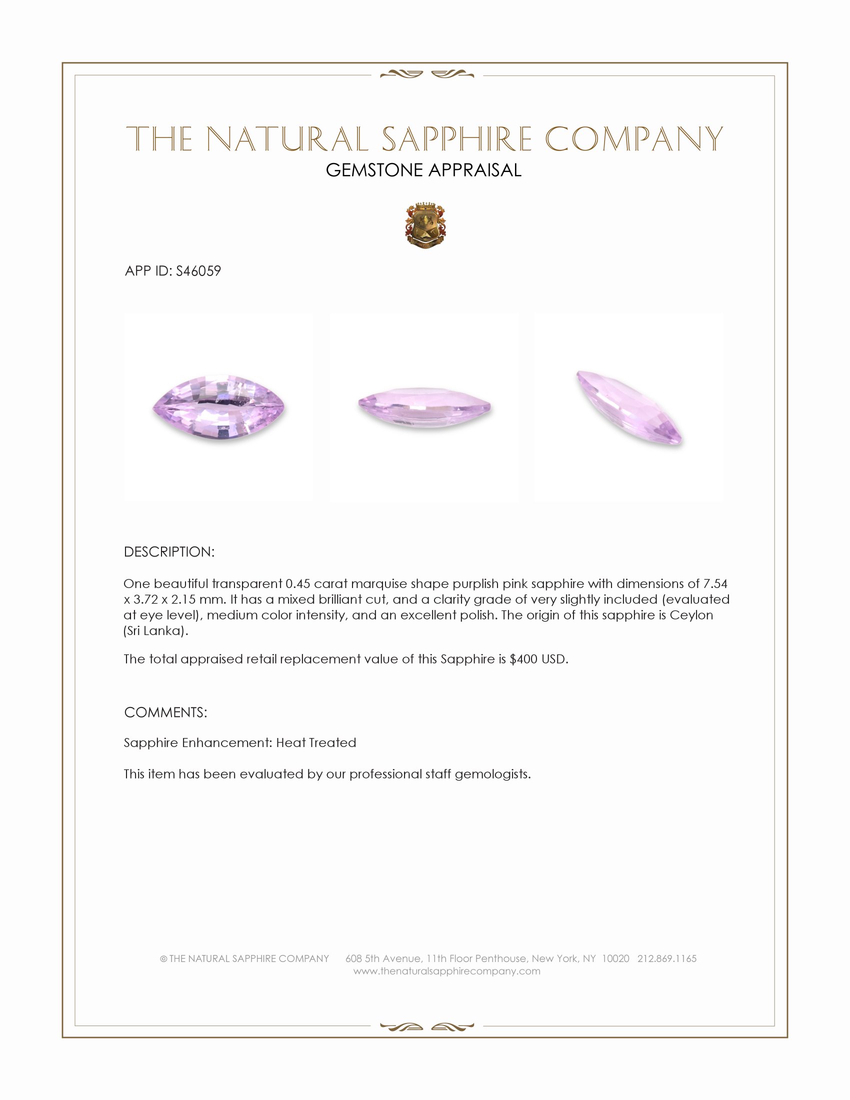 0.45 Ct. Purplish Pink Sapphire from Ceylon (Sri Lanka)