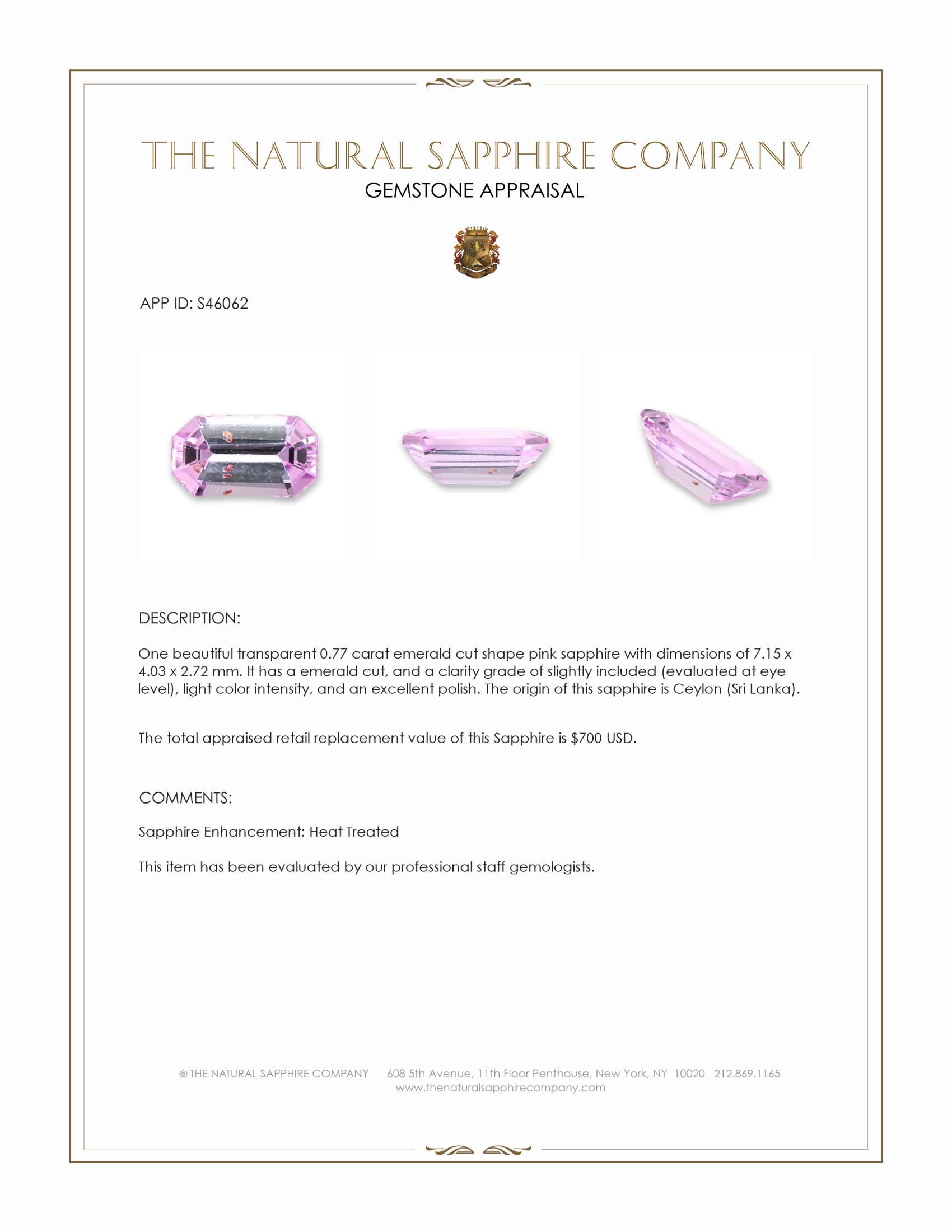 0.77 Ct. Pink Sapphire from Ceylon (Sri Lanka)