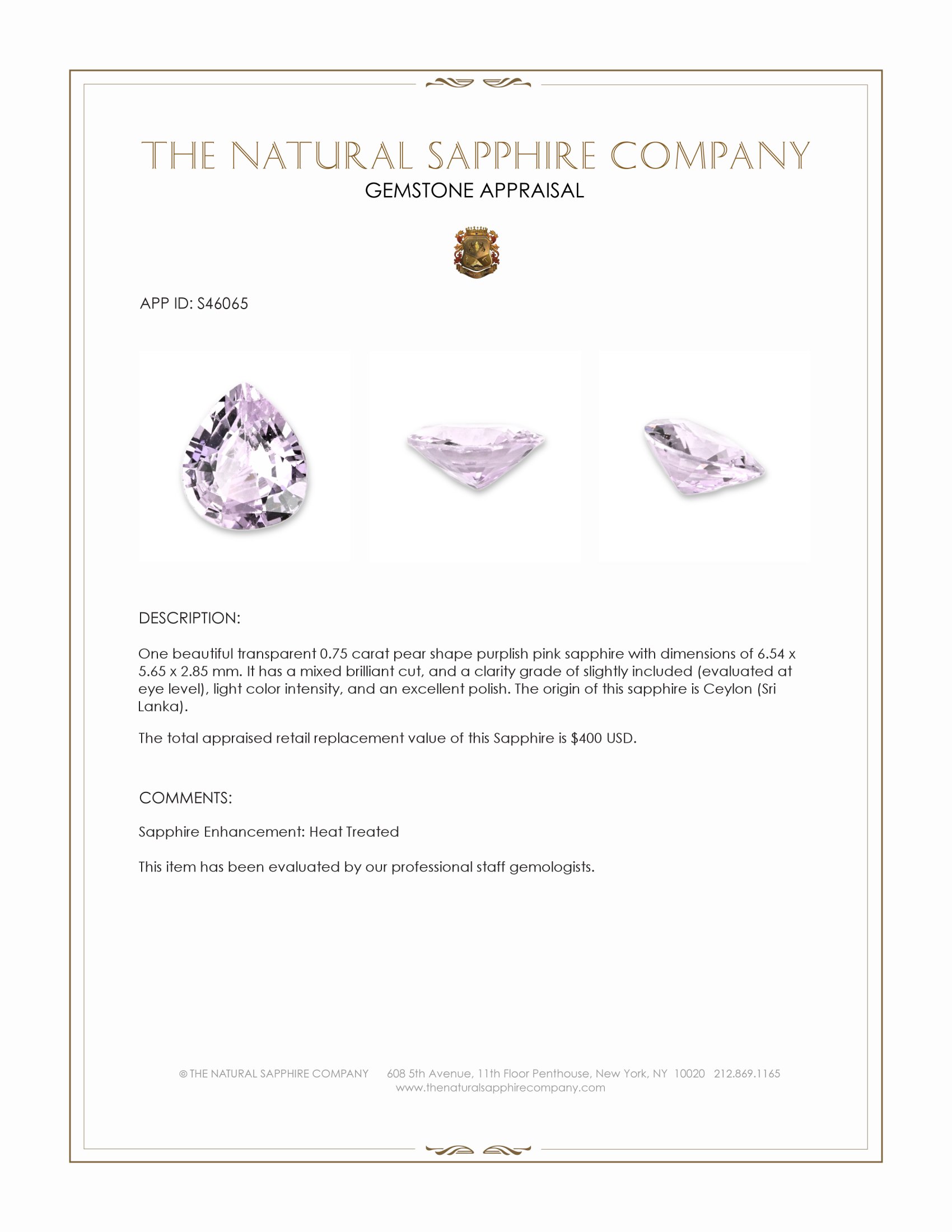 0.75 Ct. Purplish Pink Sapphire from Ceylon (Sri Lanka)