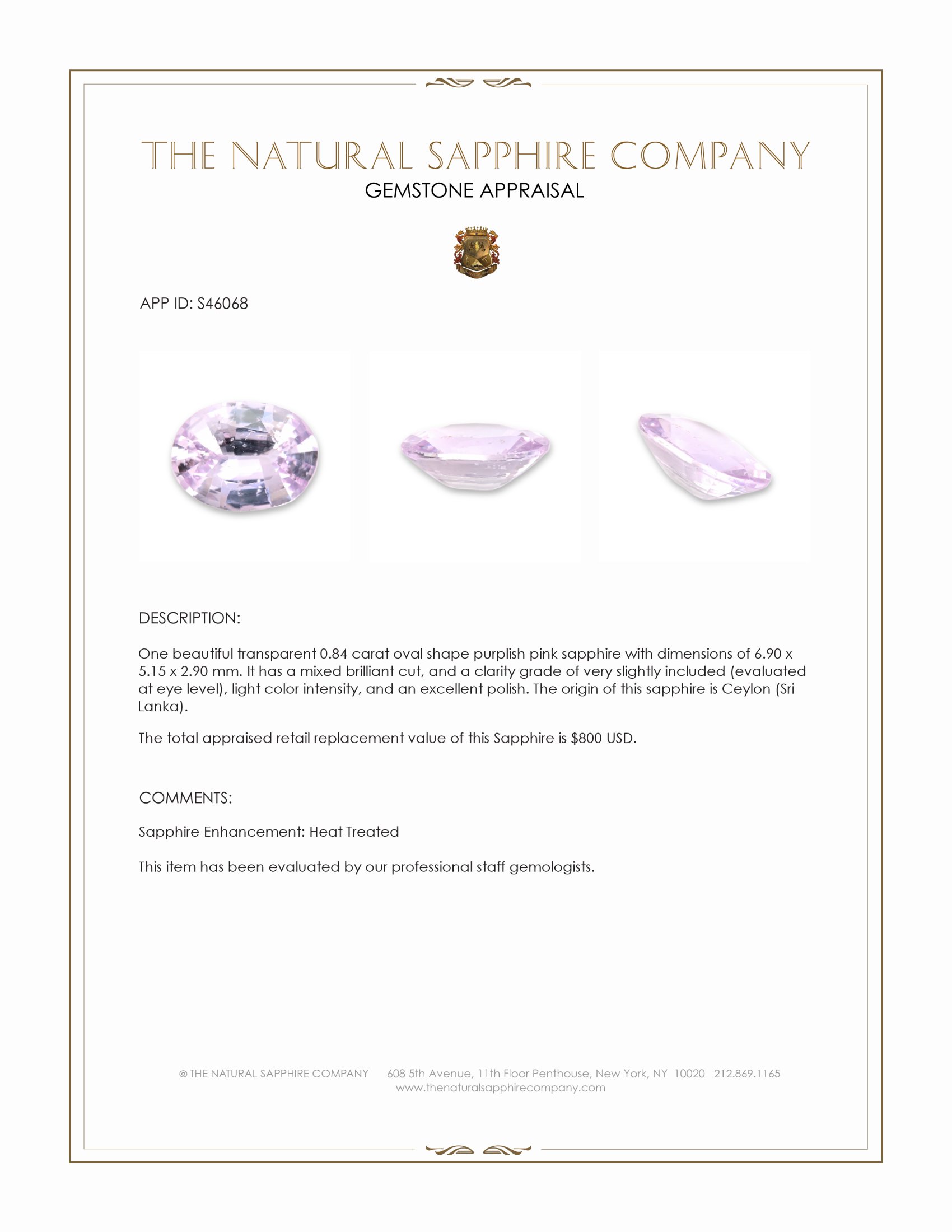 0.84 Ct. Purplish Pink Sapphire from Ceylon (Sri Lanka)