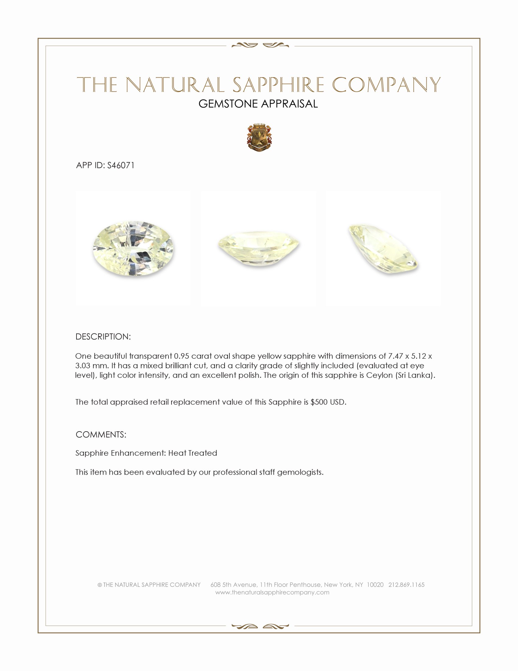 0.95 Ct. Yellow Sapphire from Ceylon (Sri Lanka)