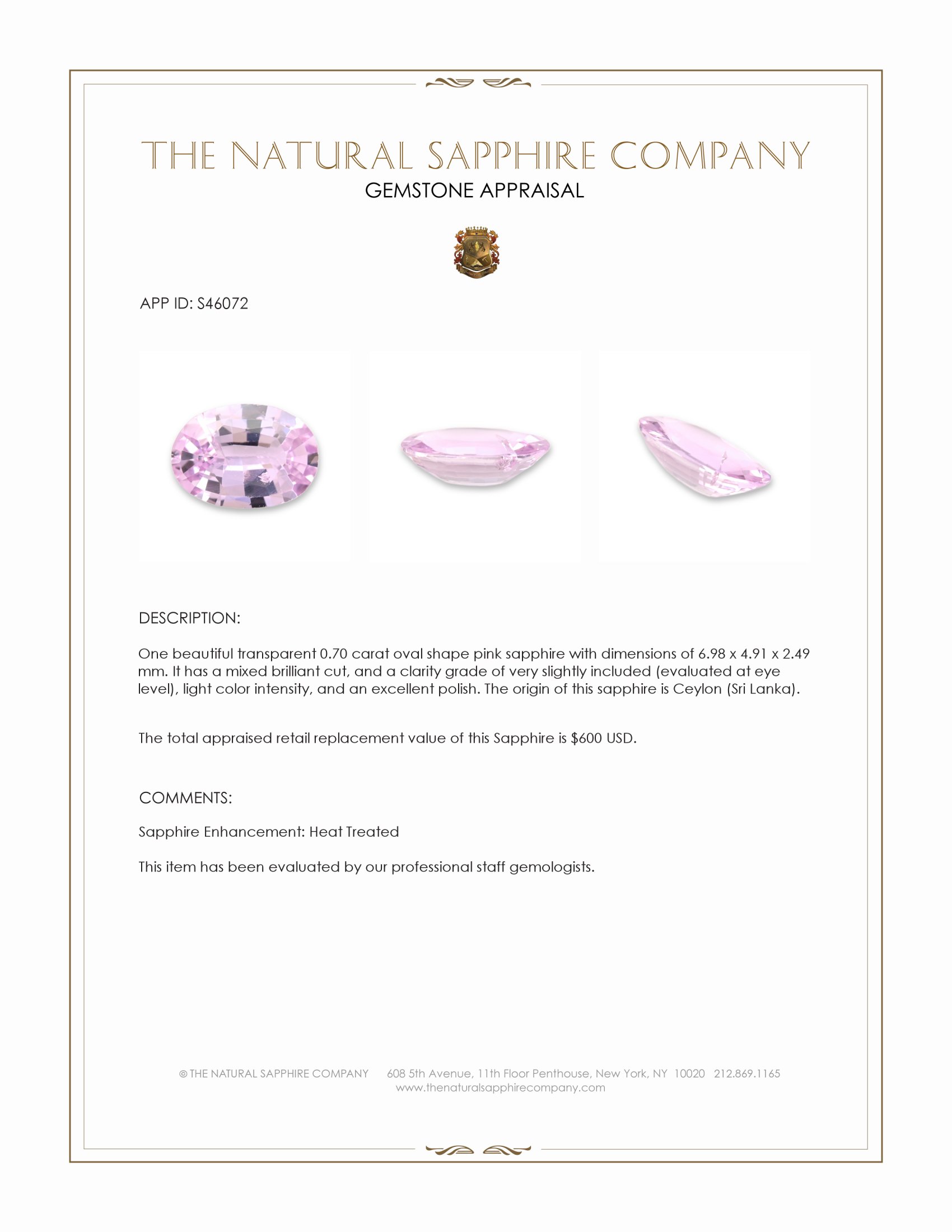0.70 Ct. Pink Sapphire from Ceylon (Sri Lanka)