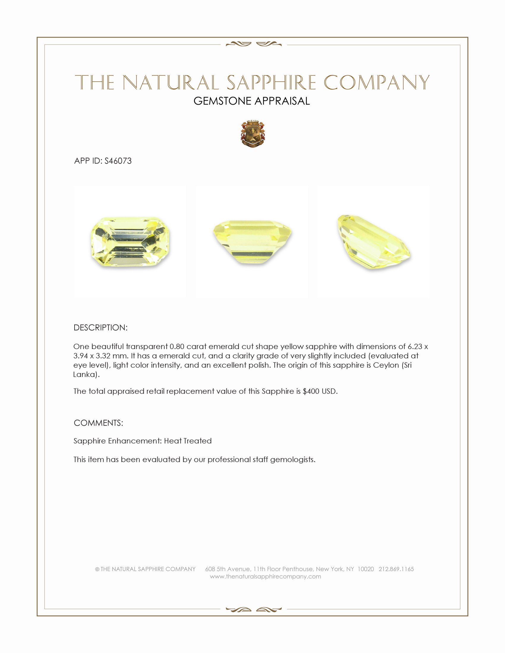 0.80 Ct. Yellow Sapphire from Ceylon (Sri Lanka)