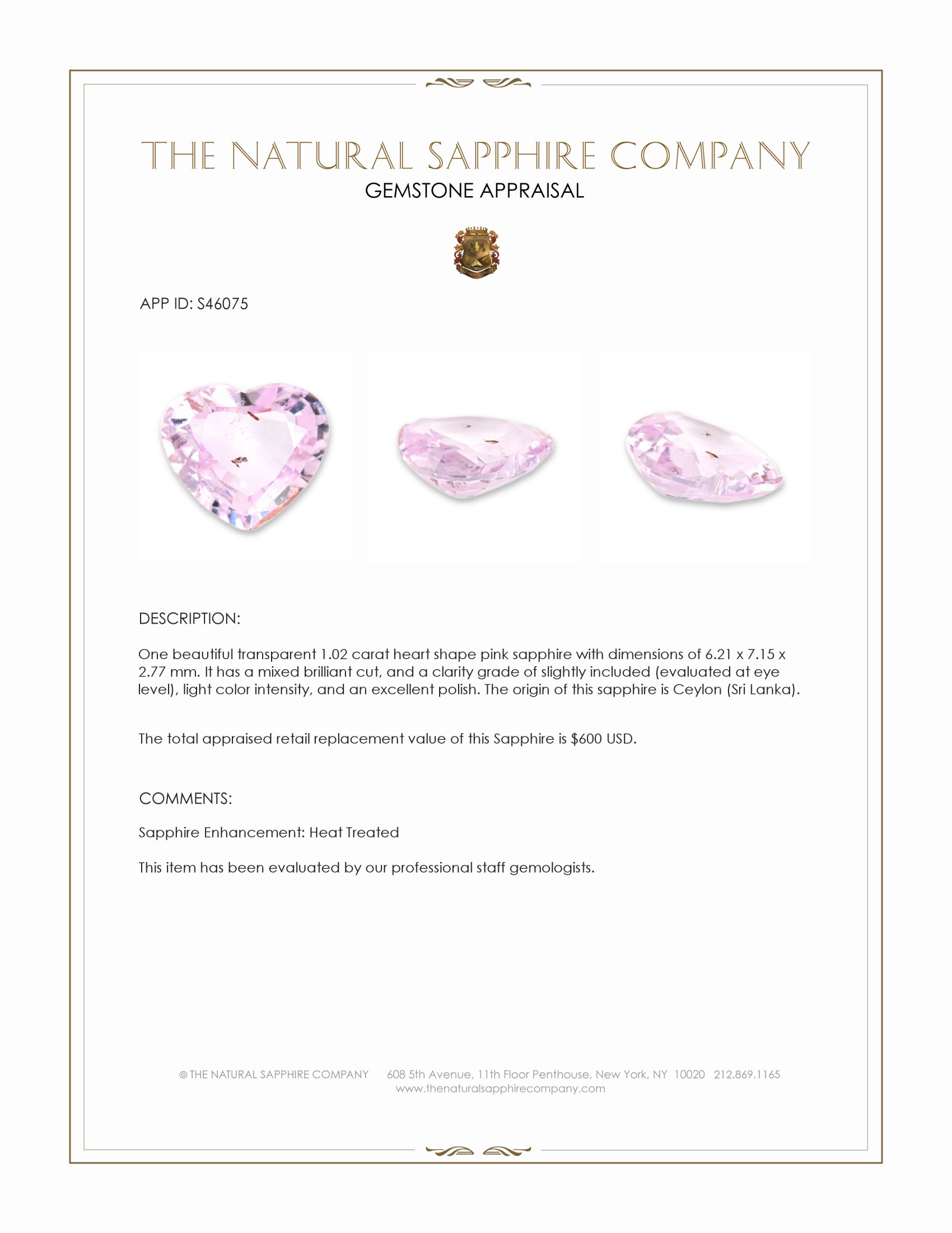 1.02 Ct. Pink Sapphire from Ceylon (Sri Lanka)