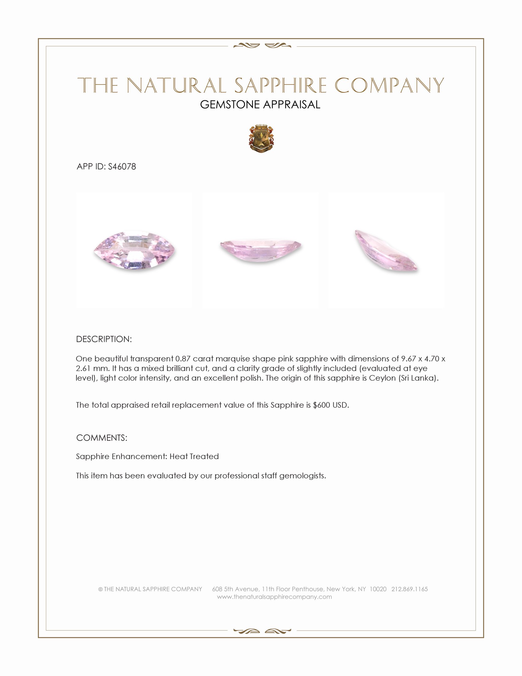 0.87 Ct. Pink Sapphire from Ceylon (Sri Lanka)